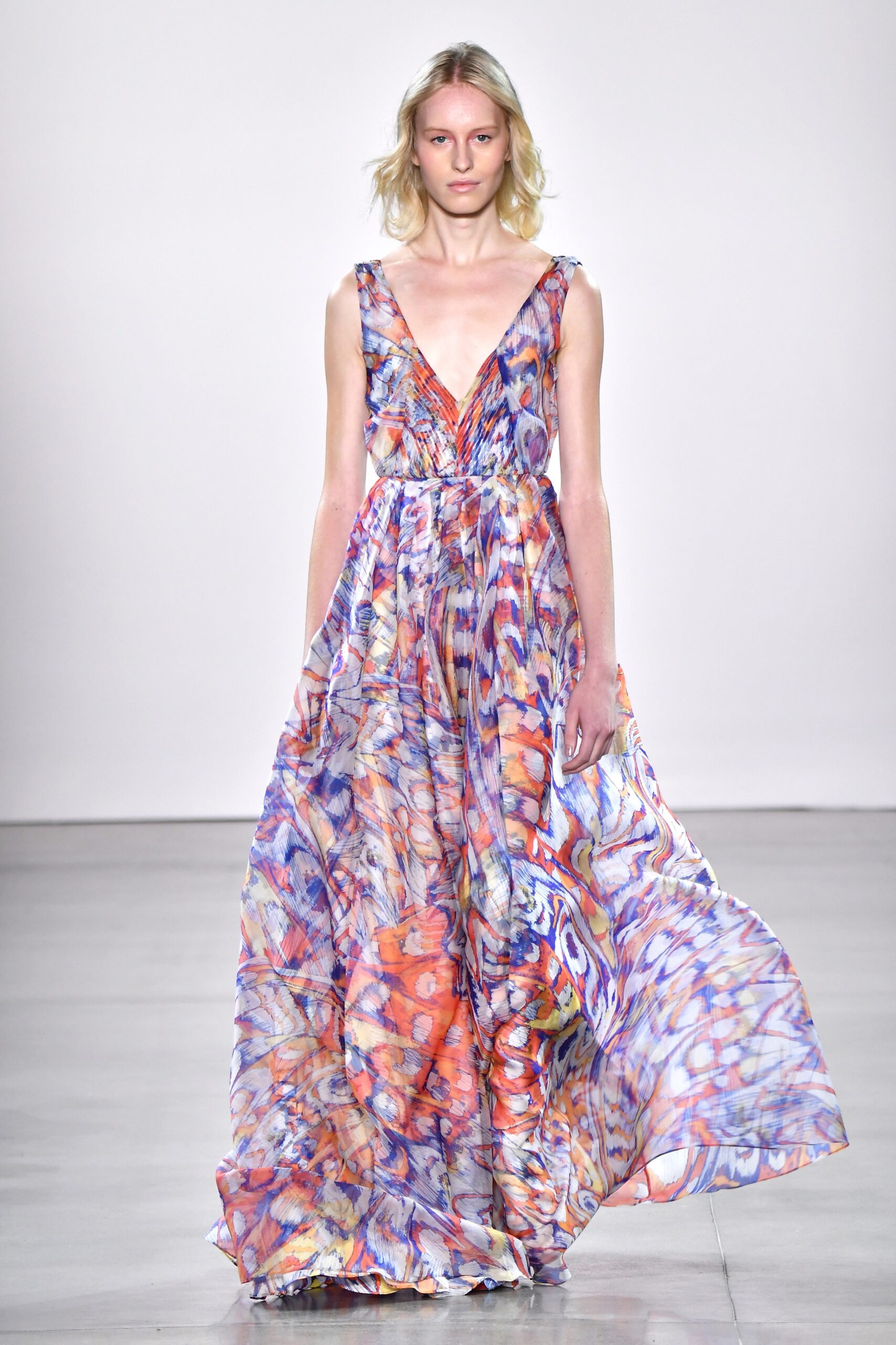 multi-colored silk sleeveless gown