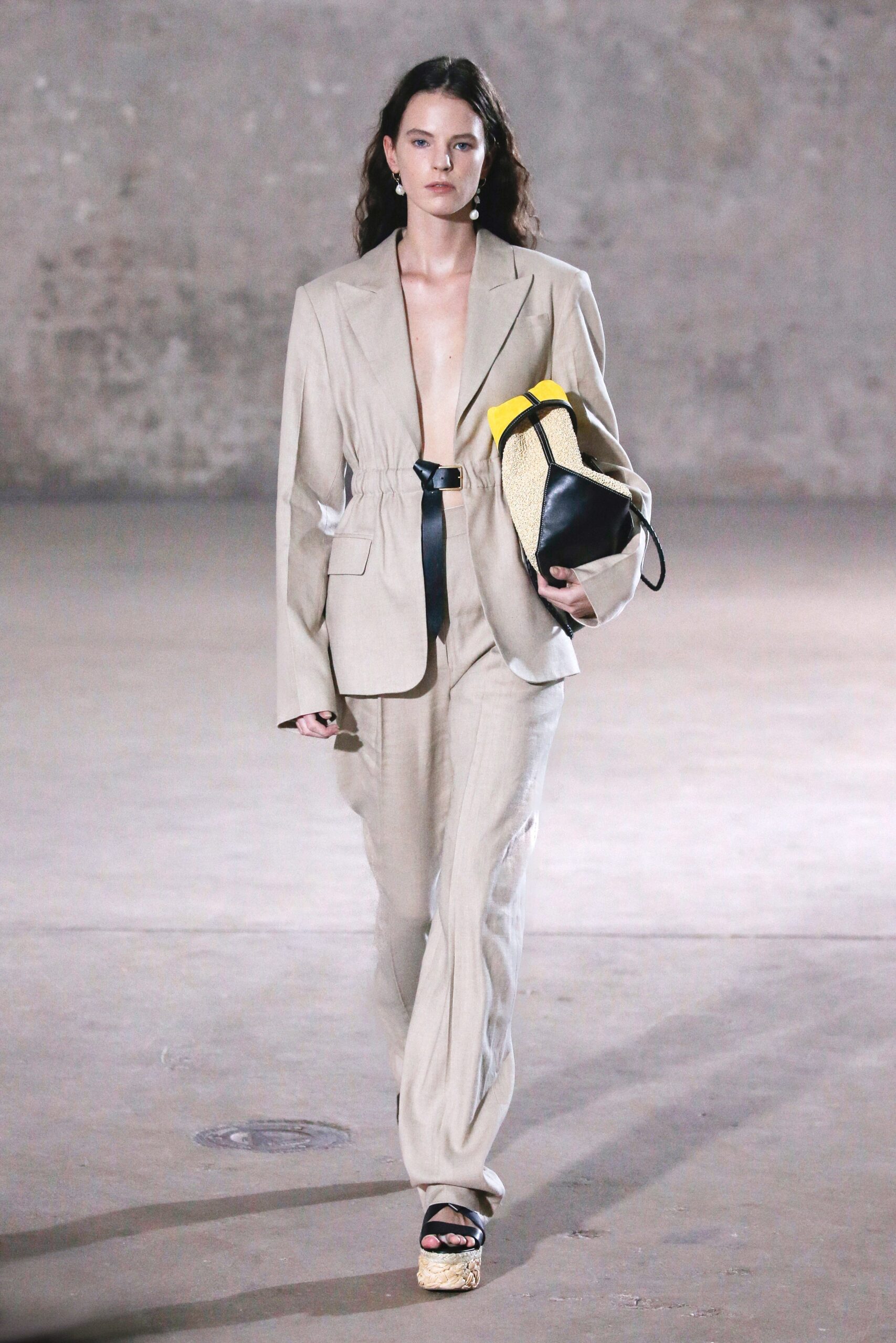 beige tailored suit with bag