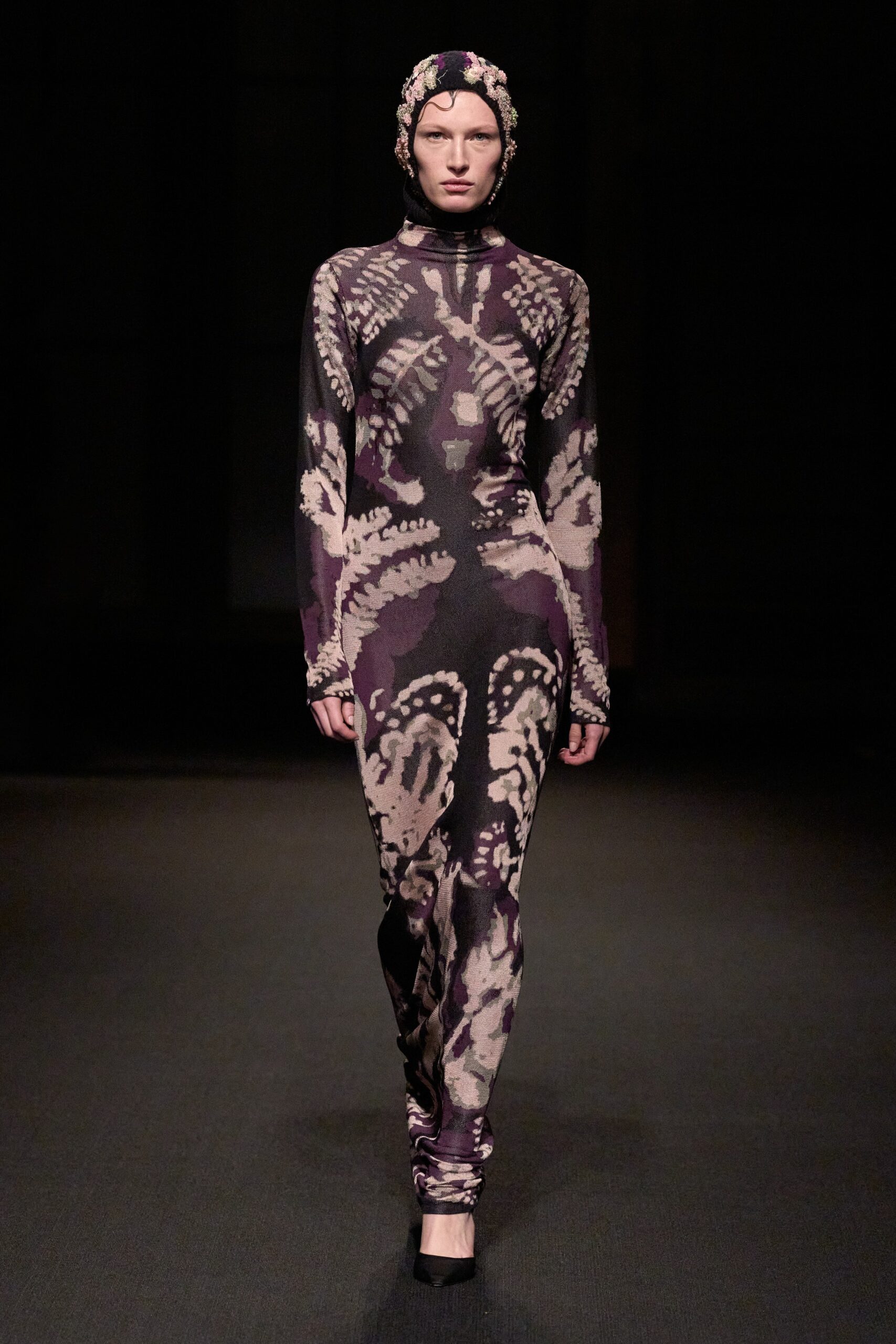 fitted purple printed catsuit