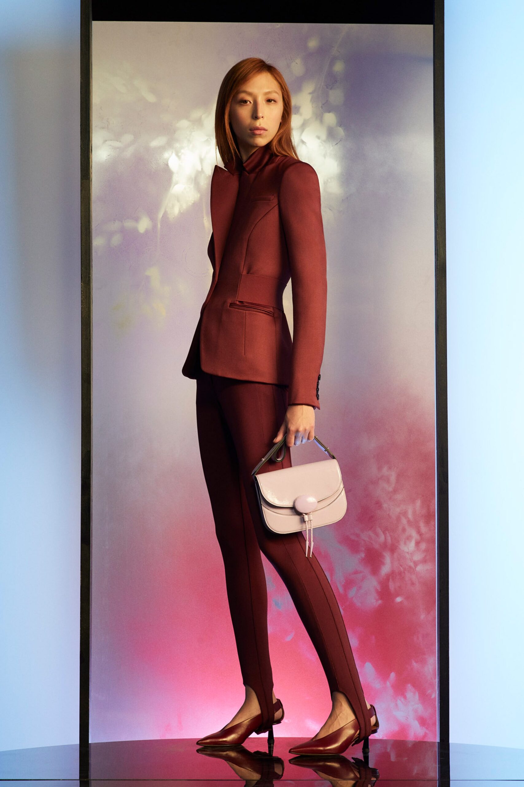 red tailored blazer with slim pants