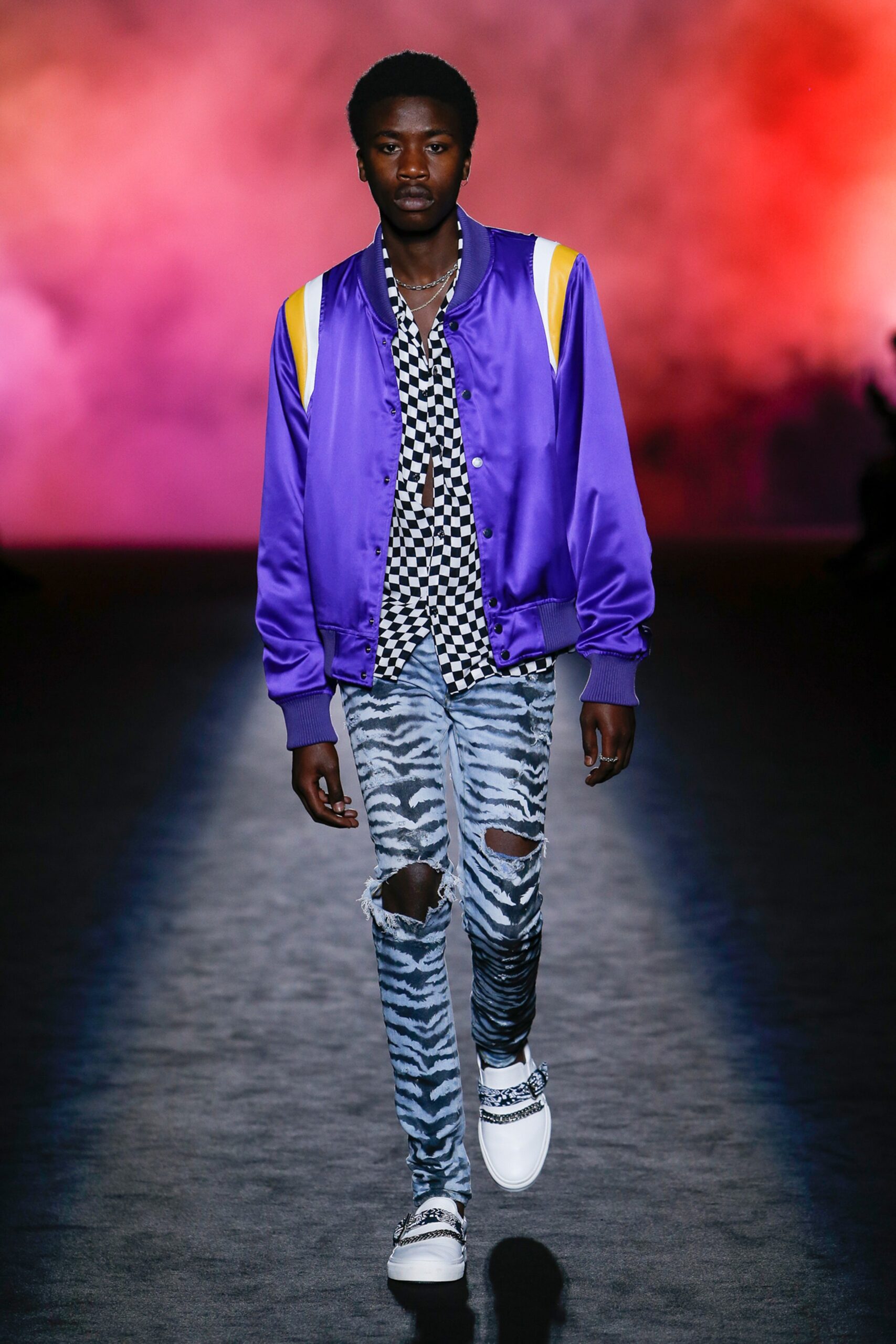 purple satin jacket with checked shirt