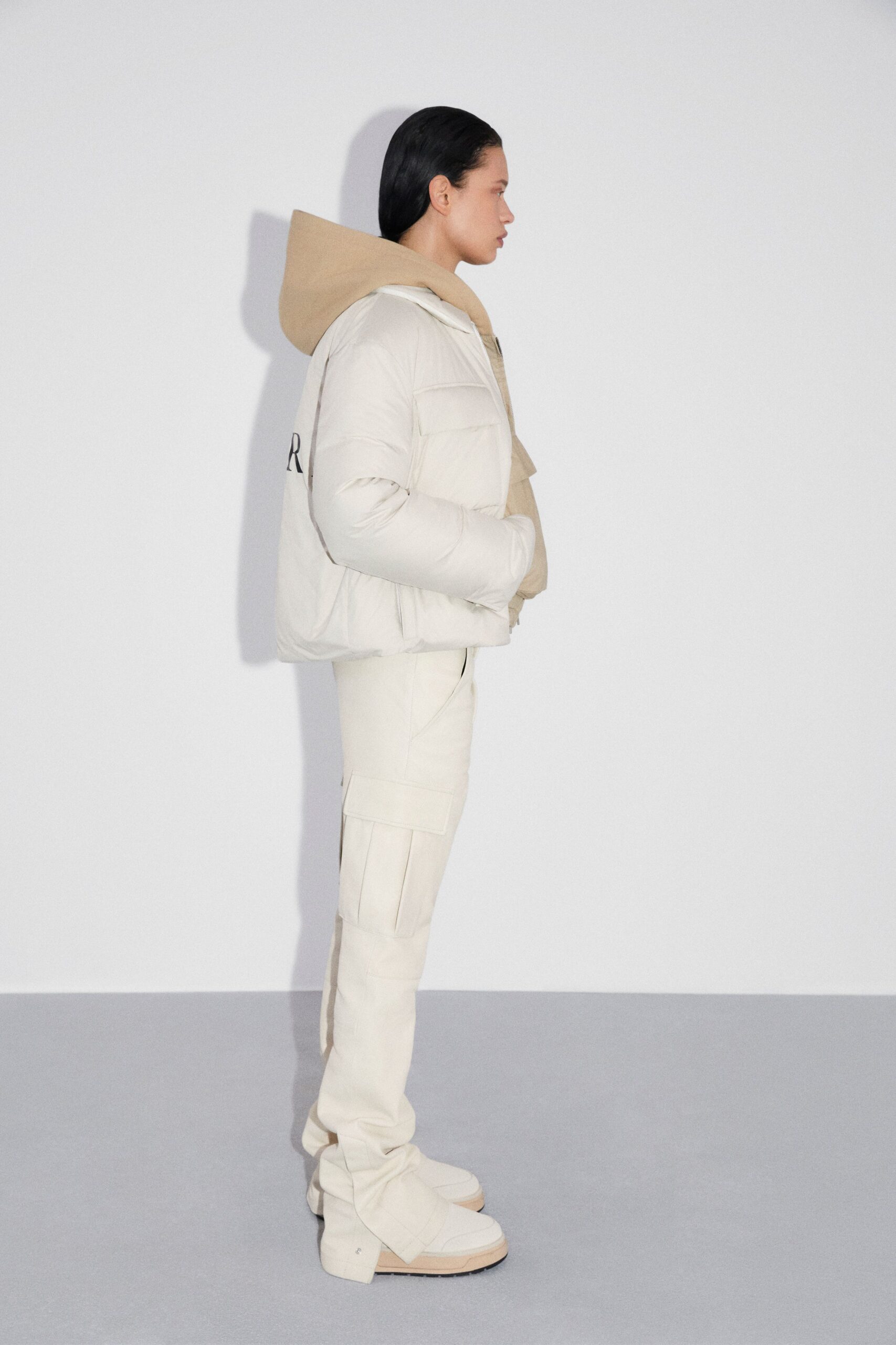 white beige relaxed jacket with cargo pants