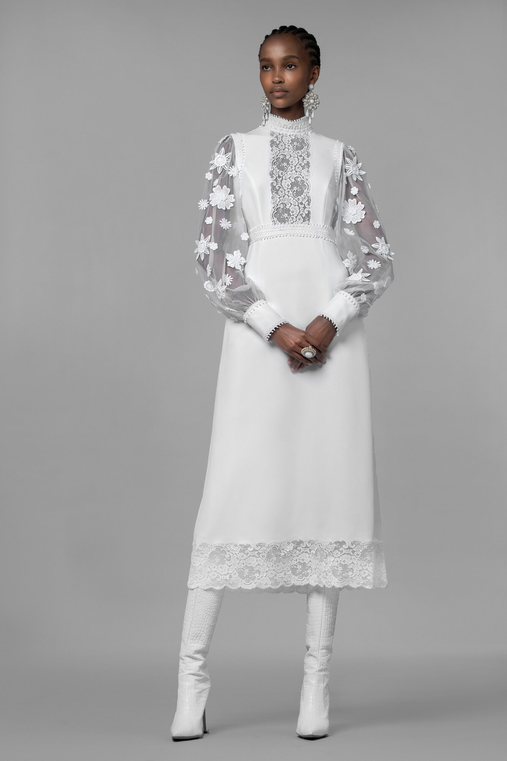white silk long-sleeve high-neck fitted embroidered tiered dress