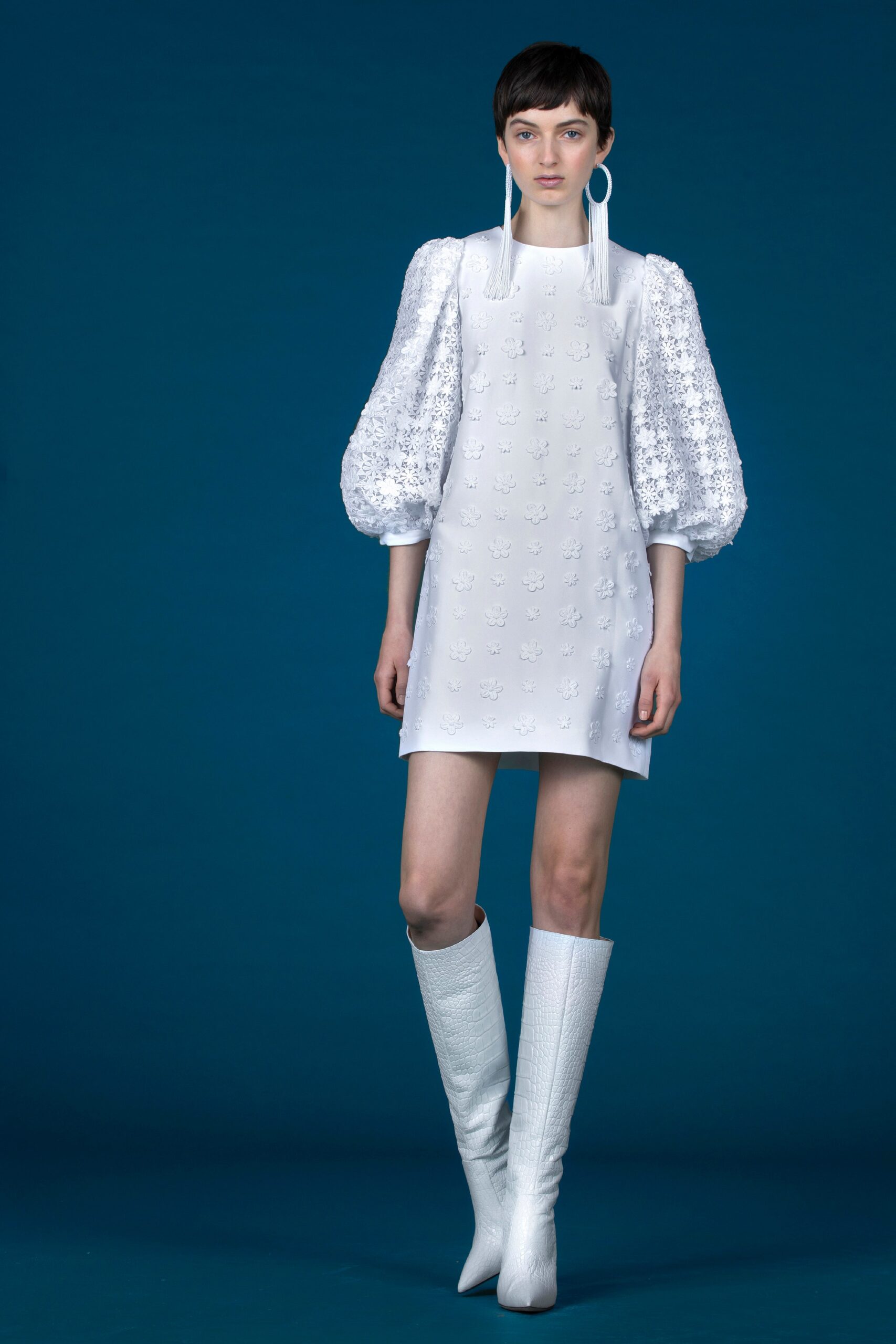 white embroidered mini dress with boots