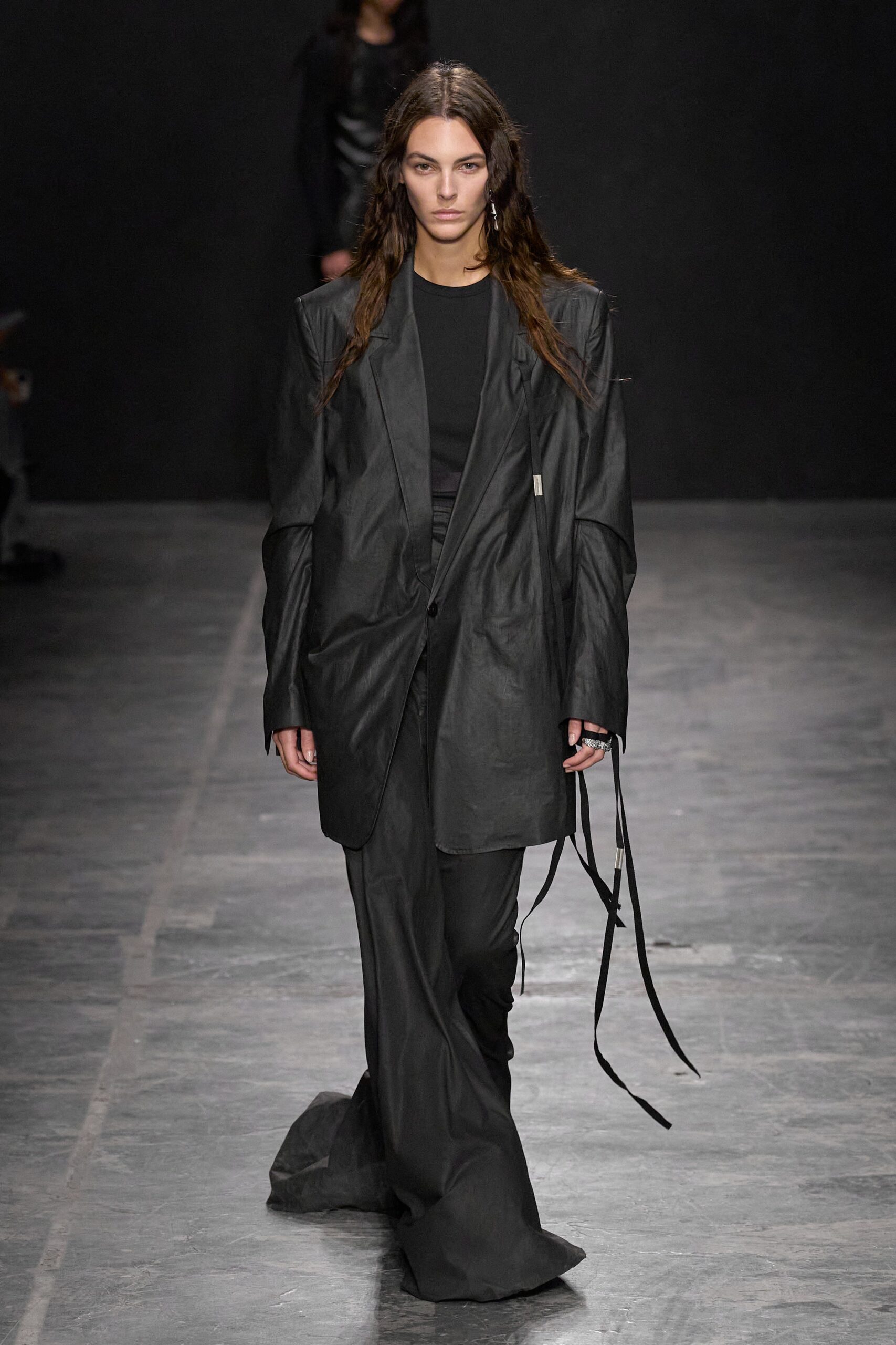 black leather oversized blazer and fitted pants