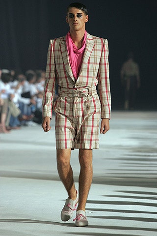 beige cotton short-sleeve collared tailored checked belted suit
