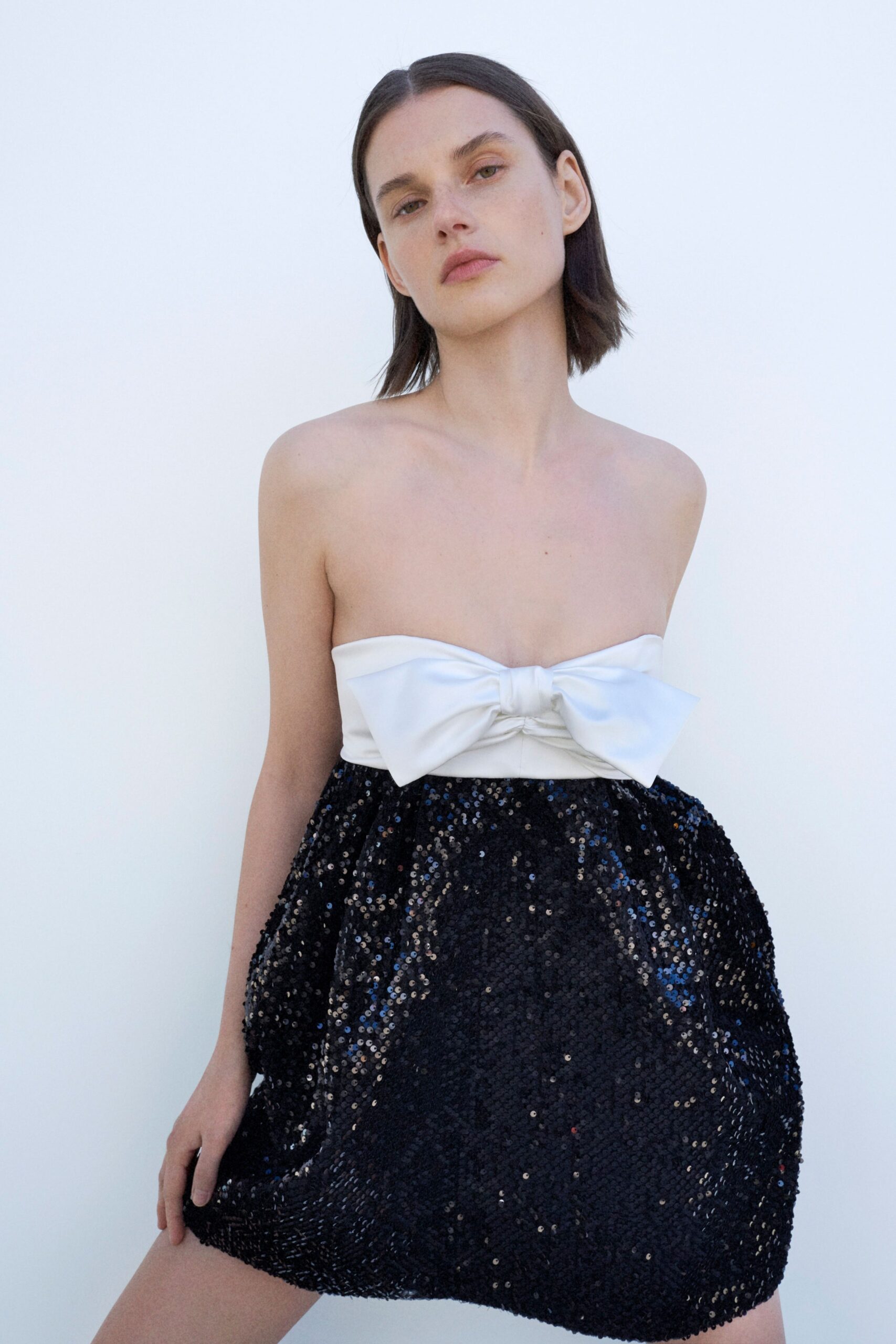 black and white strapless mini dress