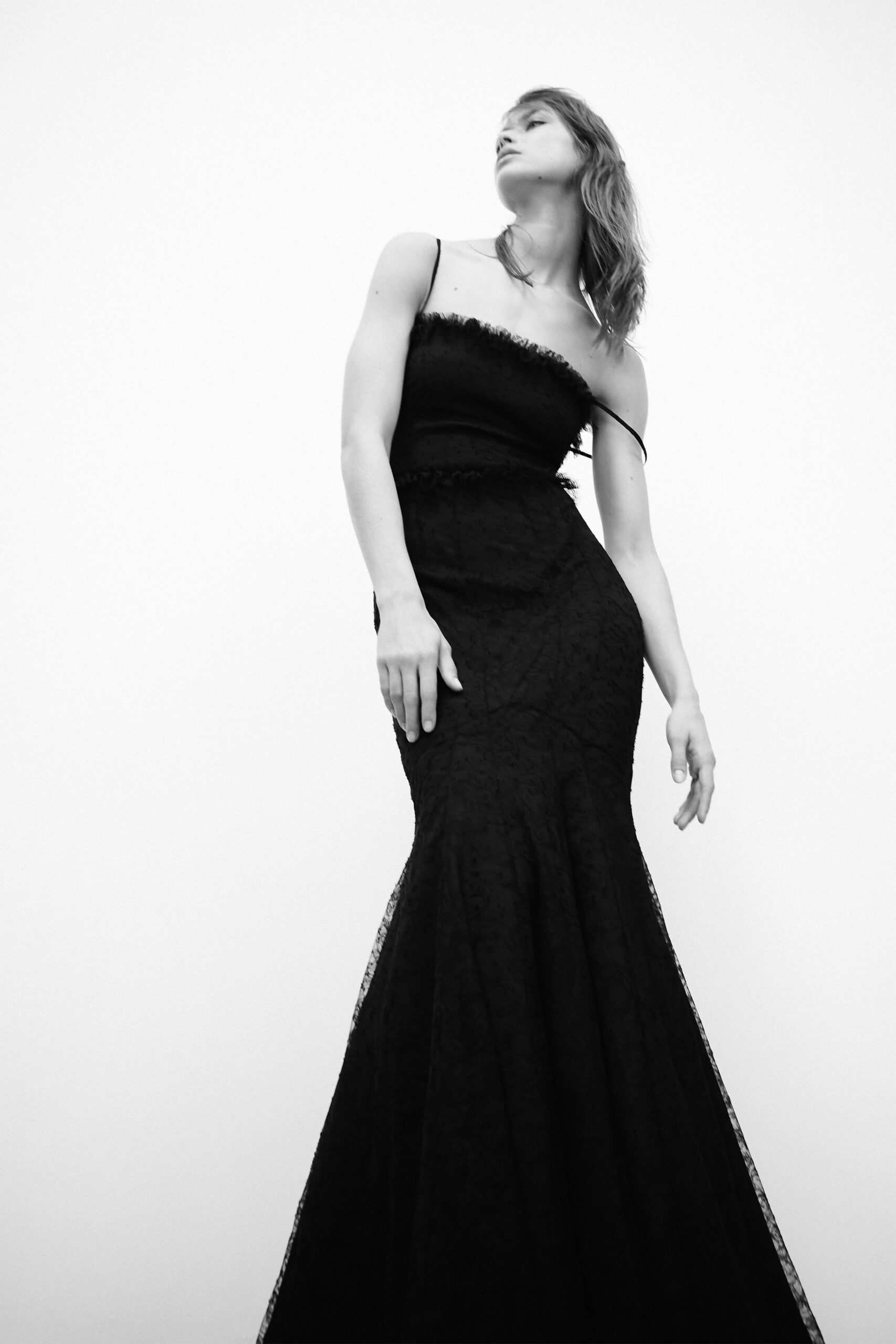 black lace off-shoulder gown