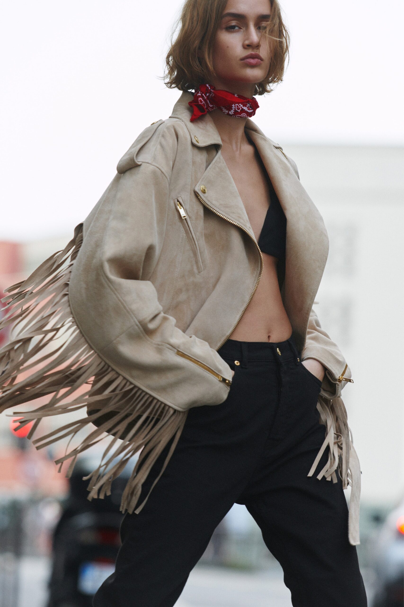 beige suede long-sleeve collared relaxed fringed jacket