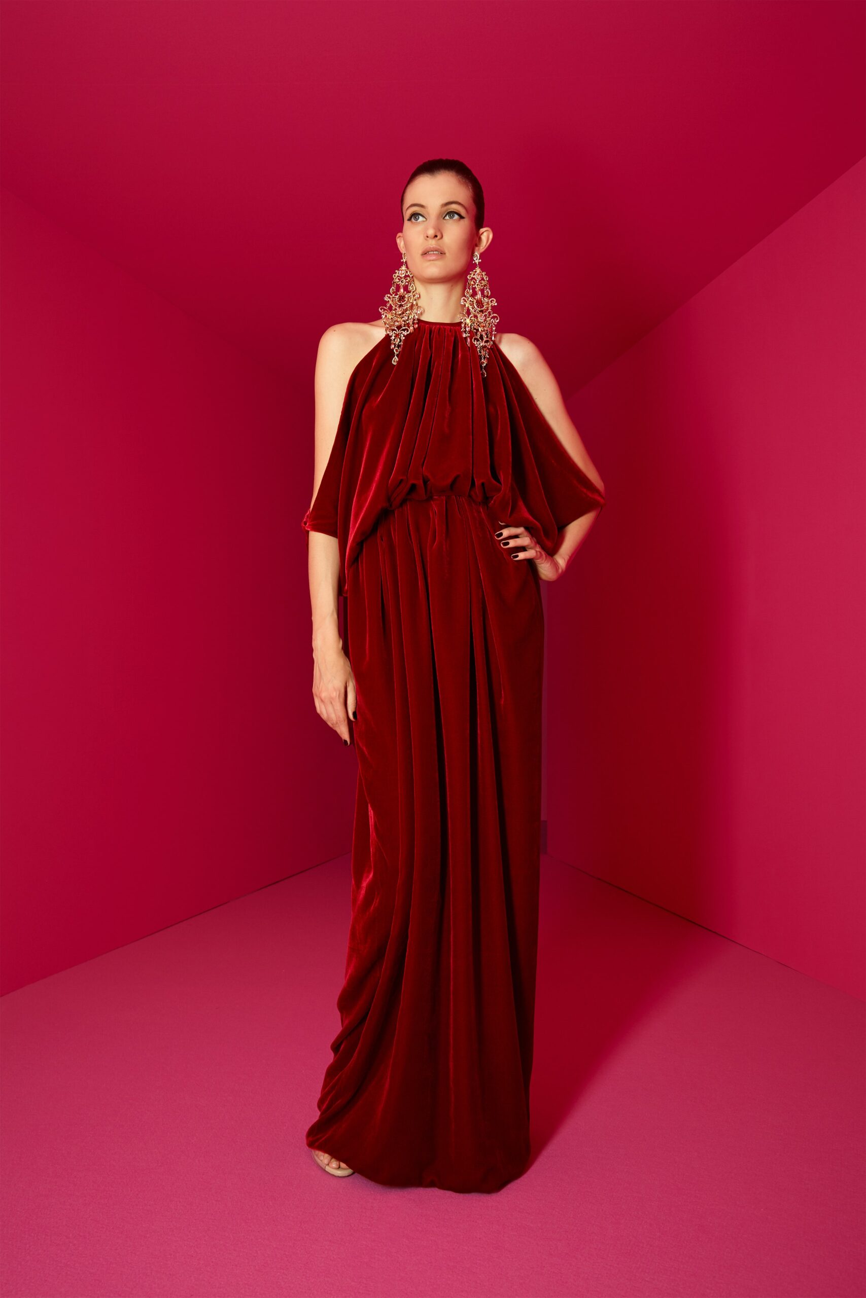 red velvet halter gown