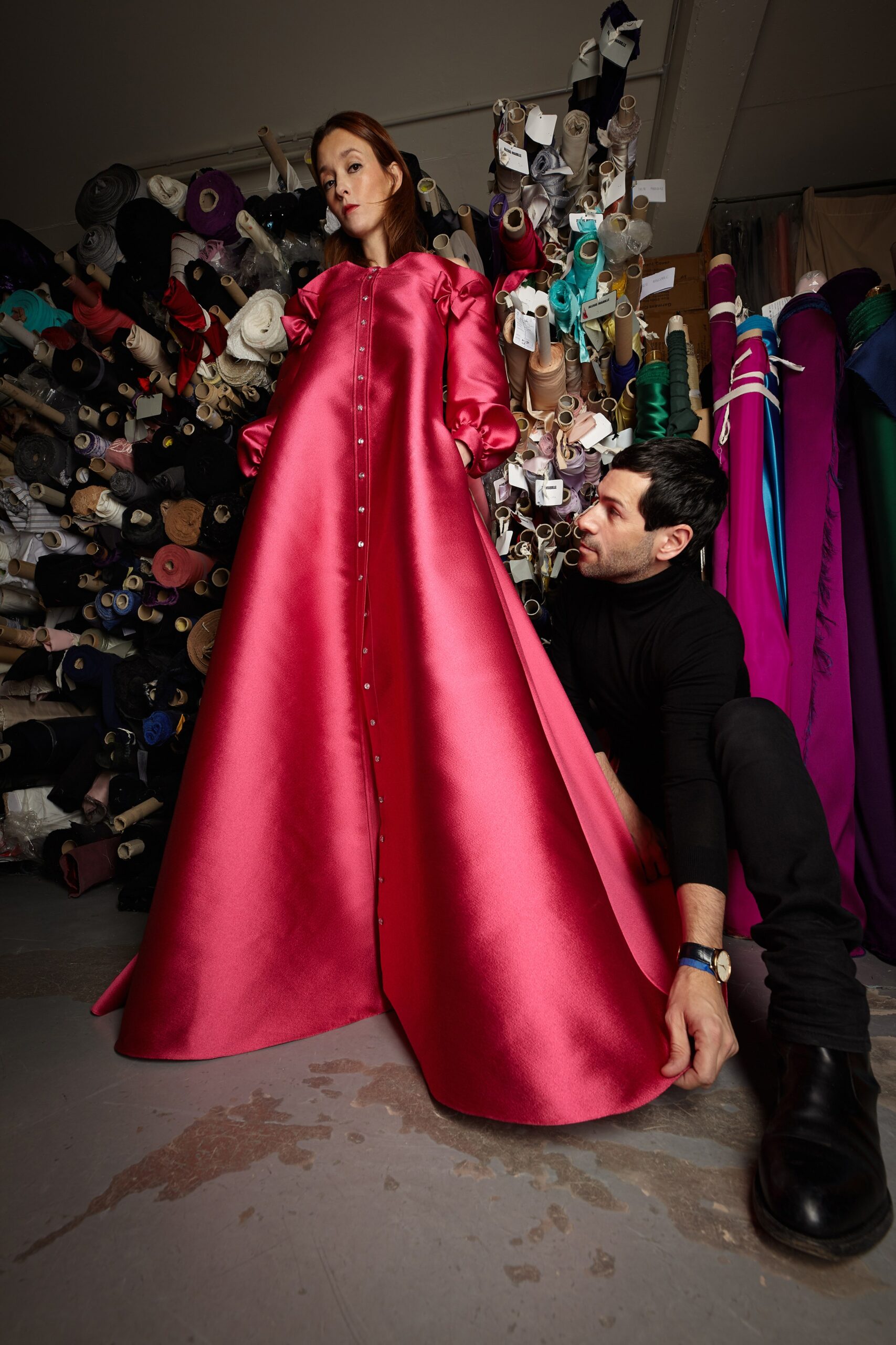 red satin long-sleeve gown