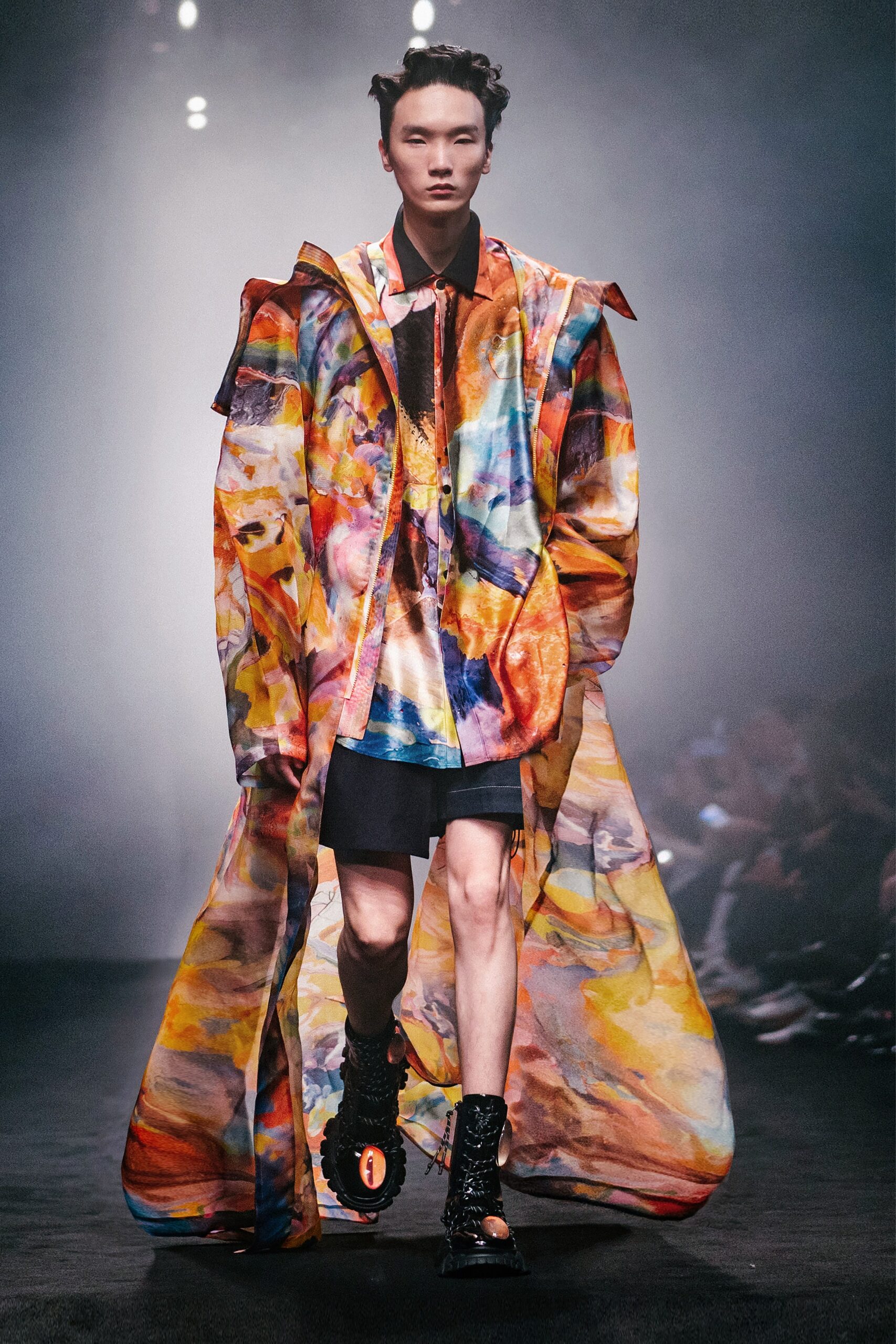 multi silk long-sleeve collared oversized draped flowing coat