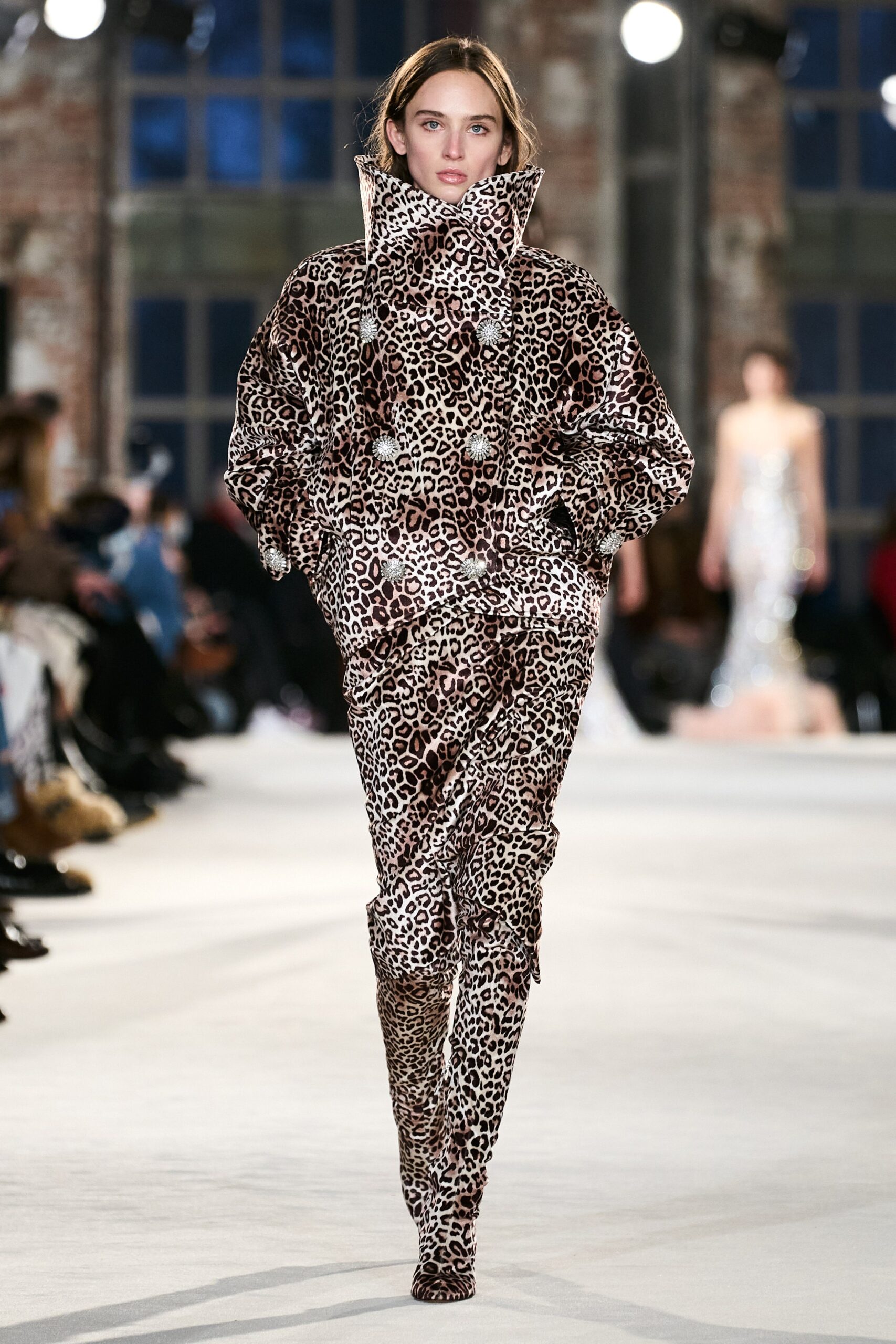 brown cotton long-sleeve collared fitted animal-print jumpsuit