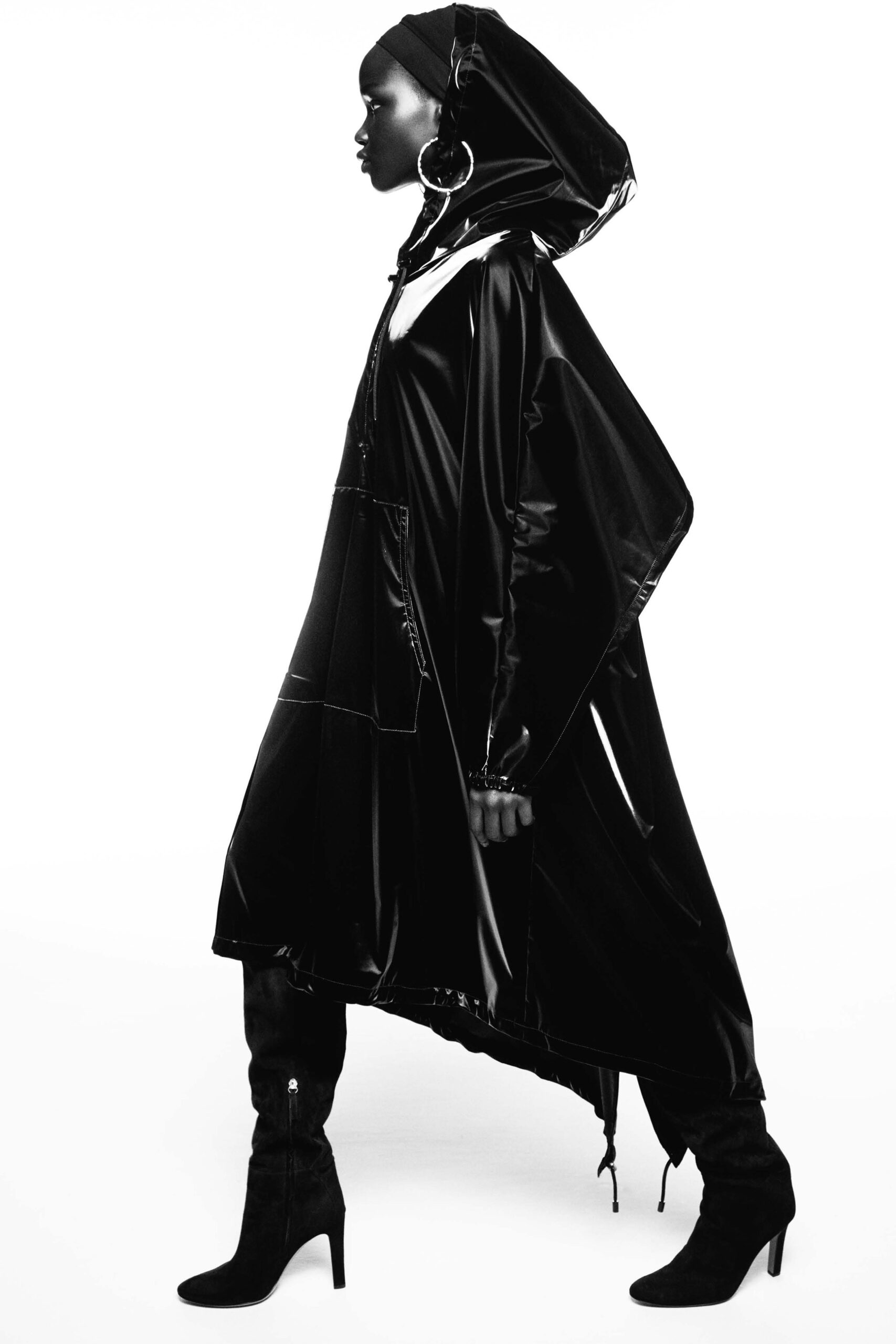 black vinyl hooded relaxed zippered shiny poncho