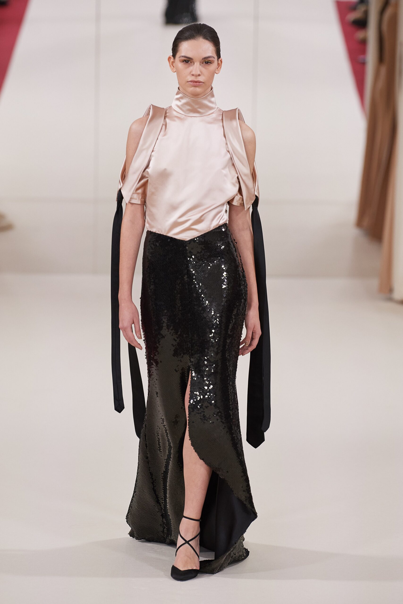 black sequin long-sleeve v-neck fitted layered shiny gown