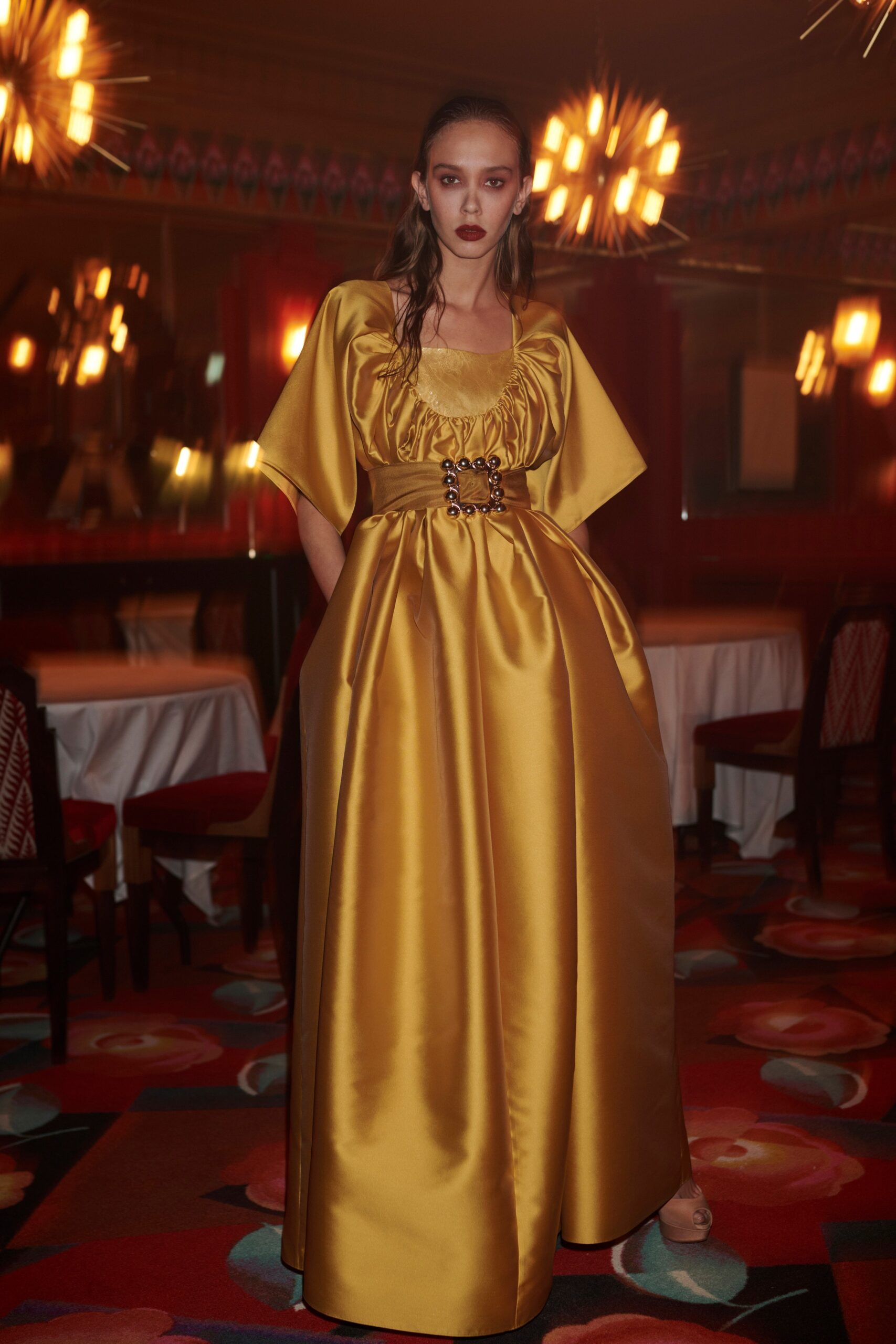 yellow satin belted gown