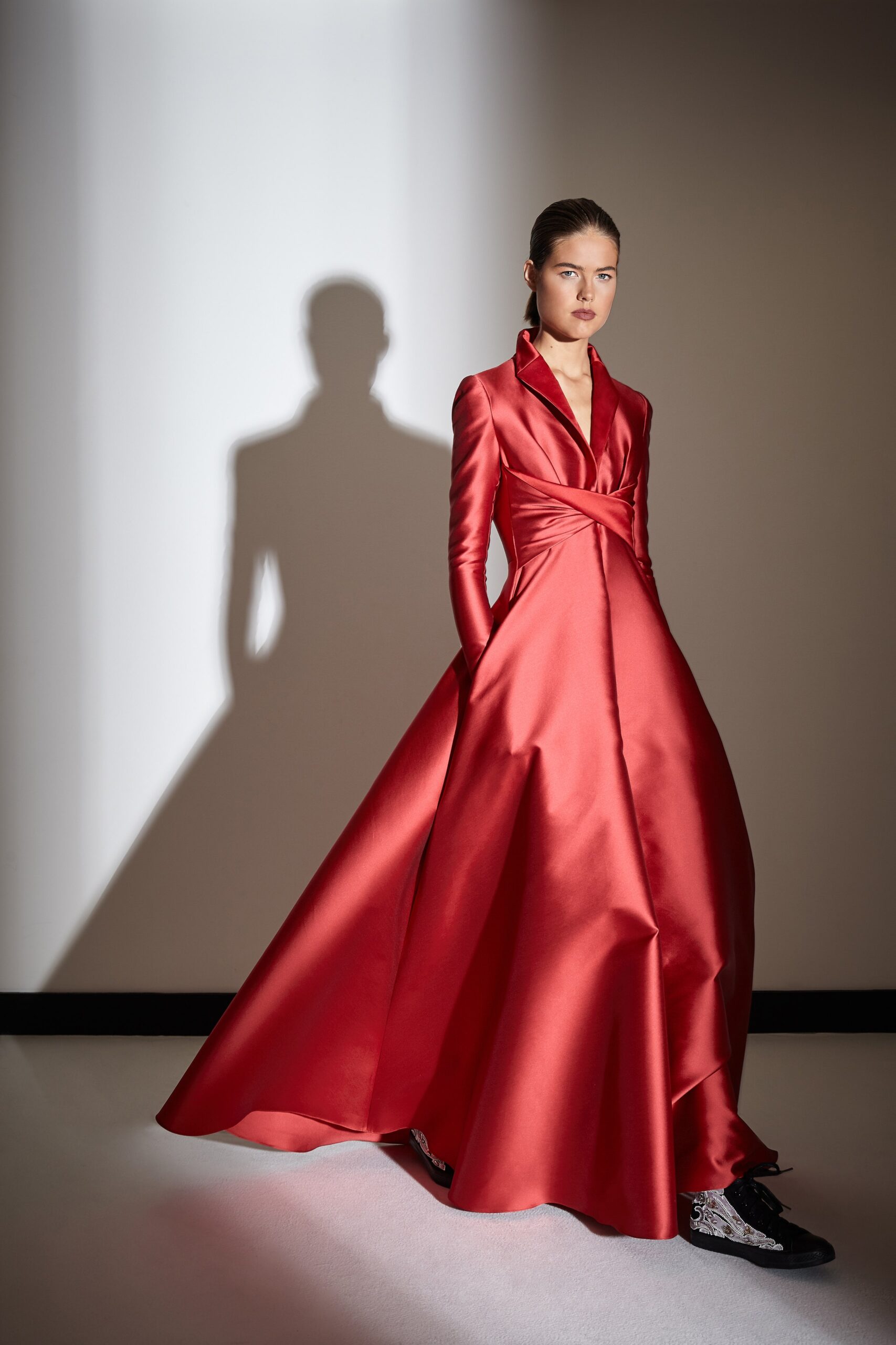 red satin long-sleeve gown