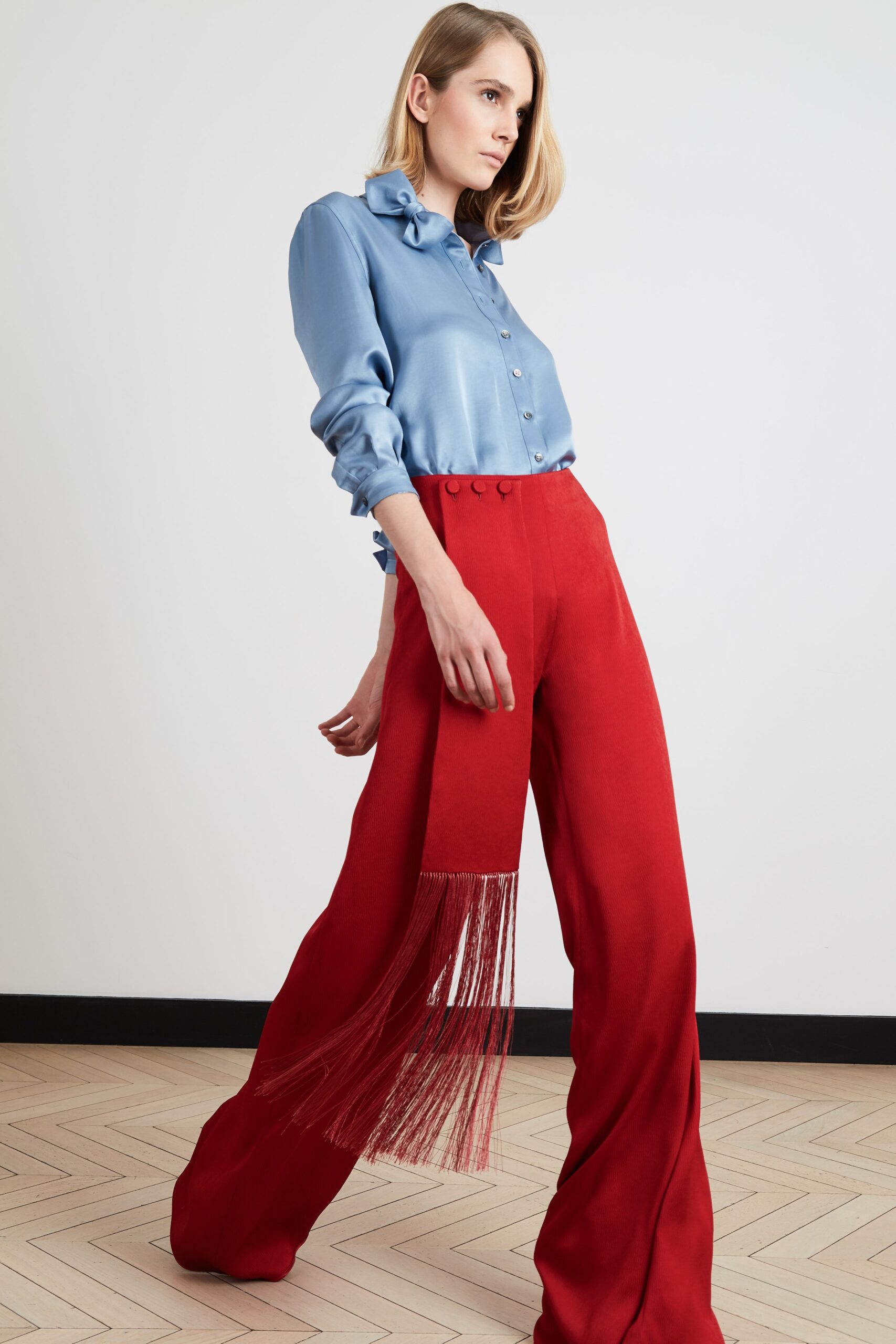 blue silk long-sleeve collared fitted ruffled shirt