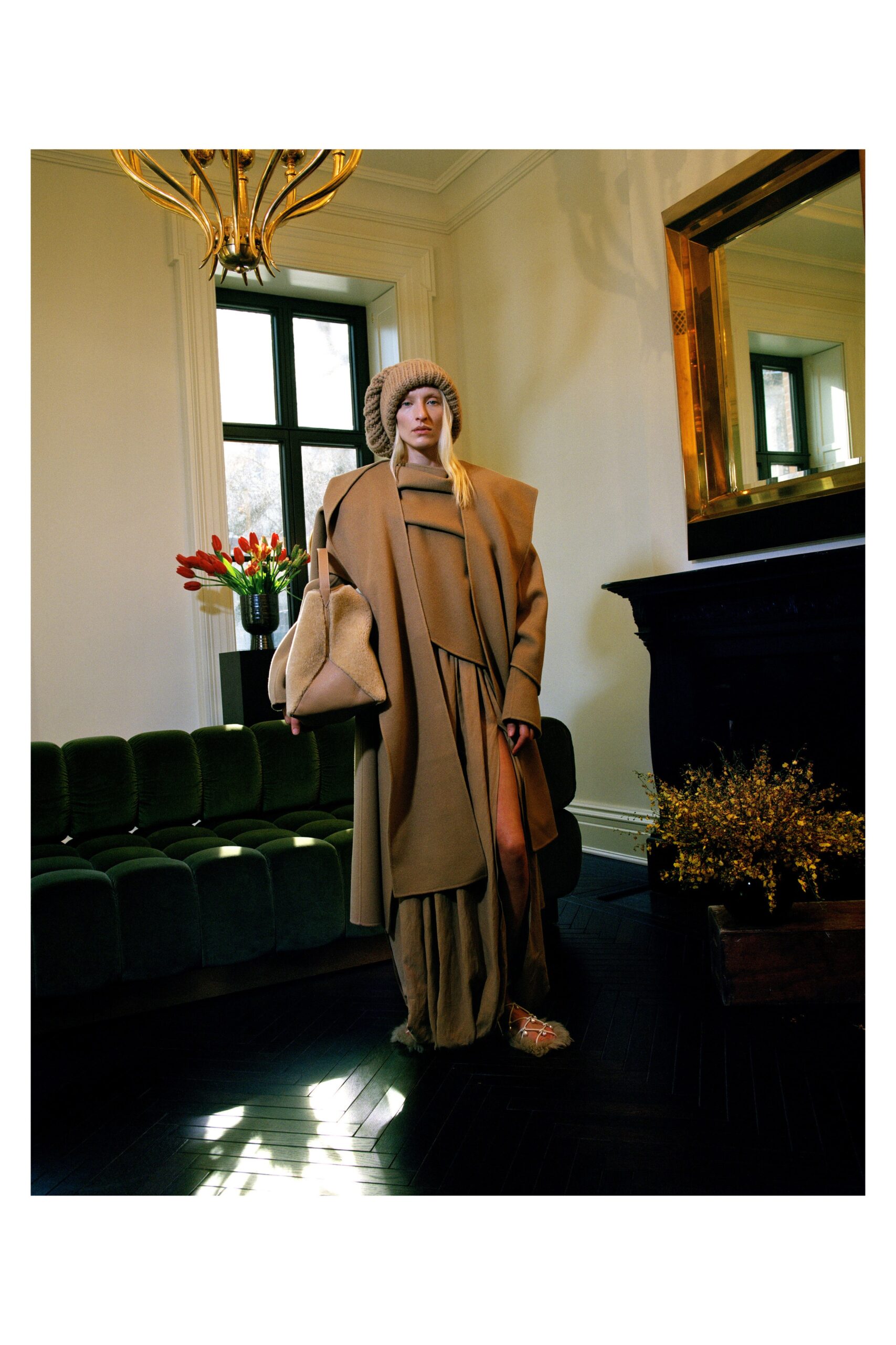 beige wool coat and dress