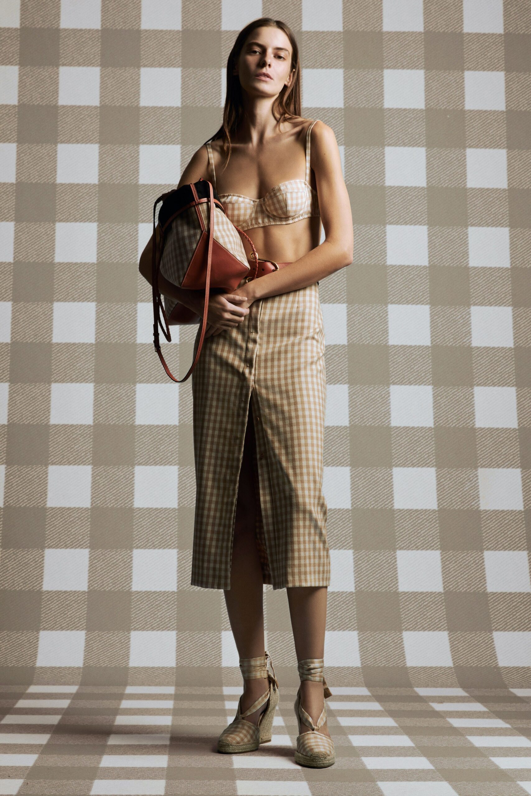 beige cotton sleeveless strapless fitted checked bustier
