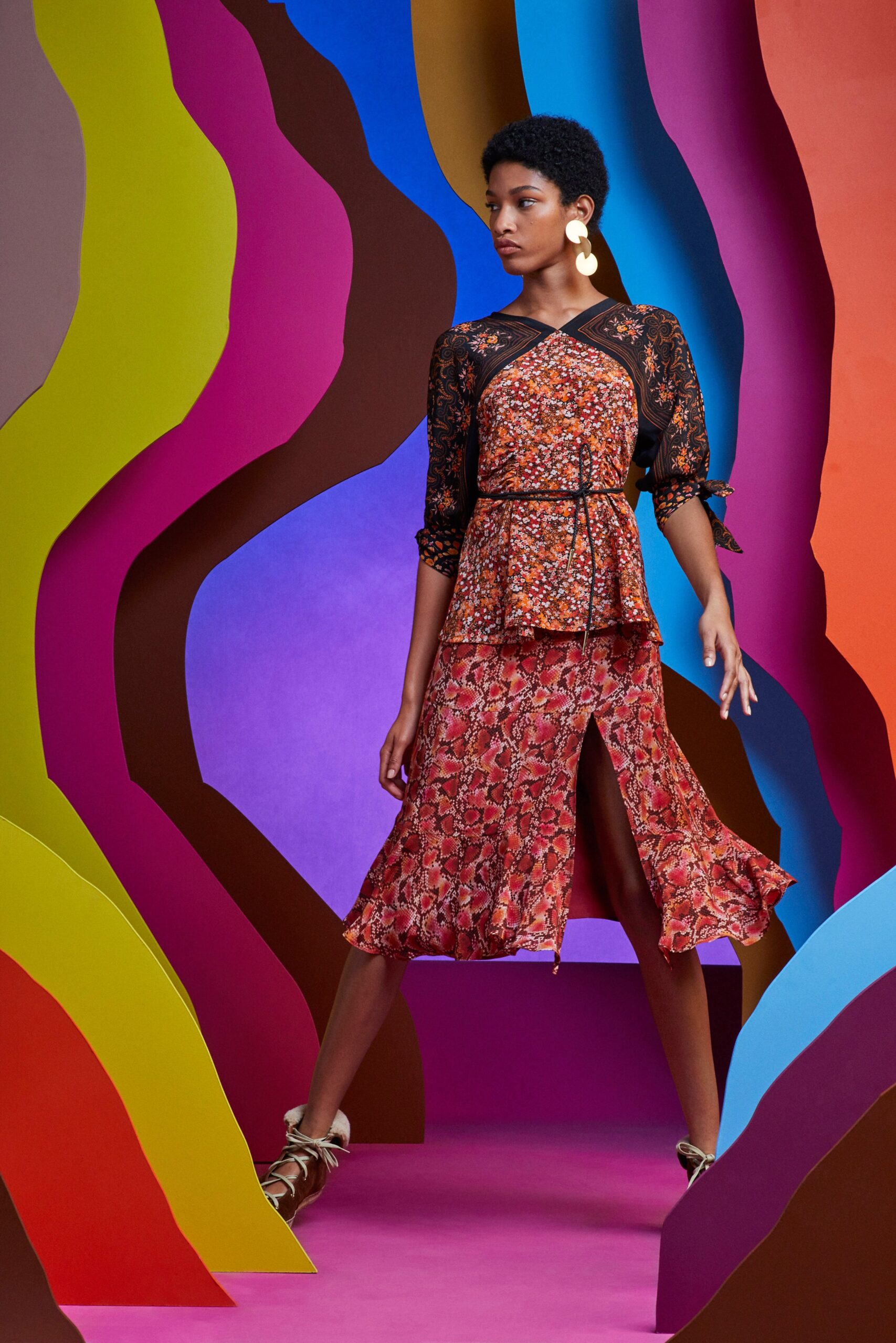 red orange black midi dress