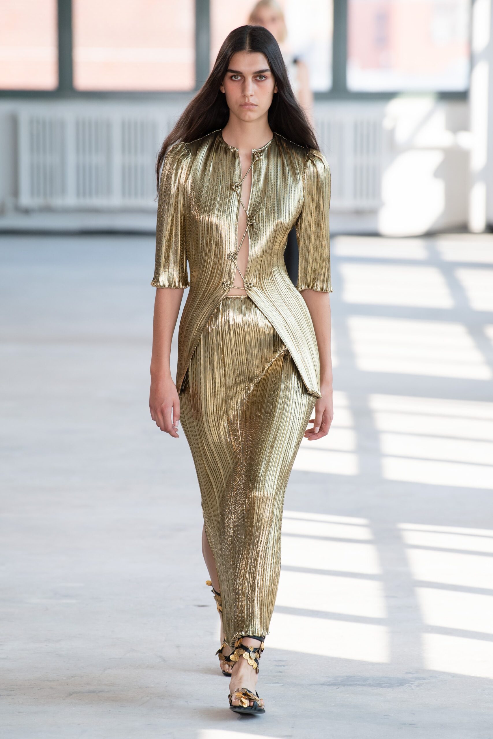 fitted gold metallic pleated dress