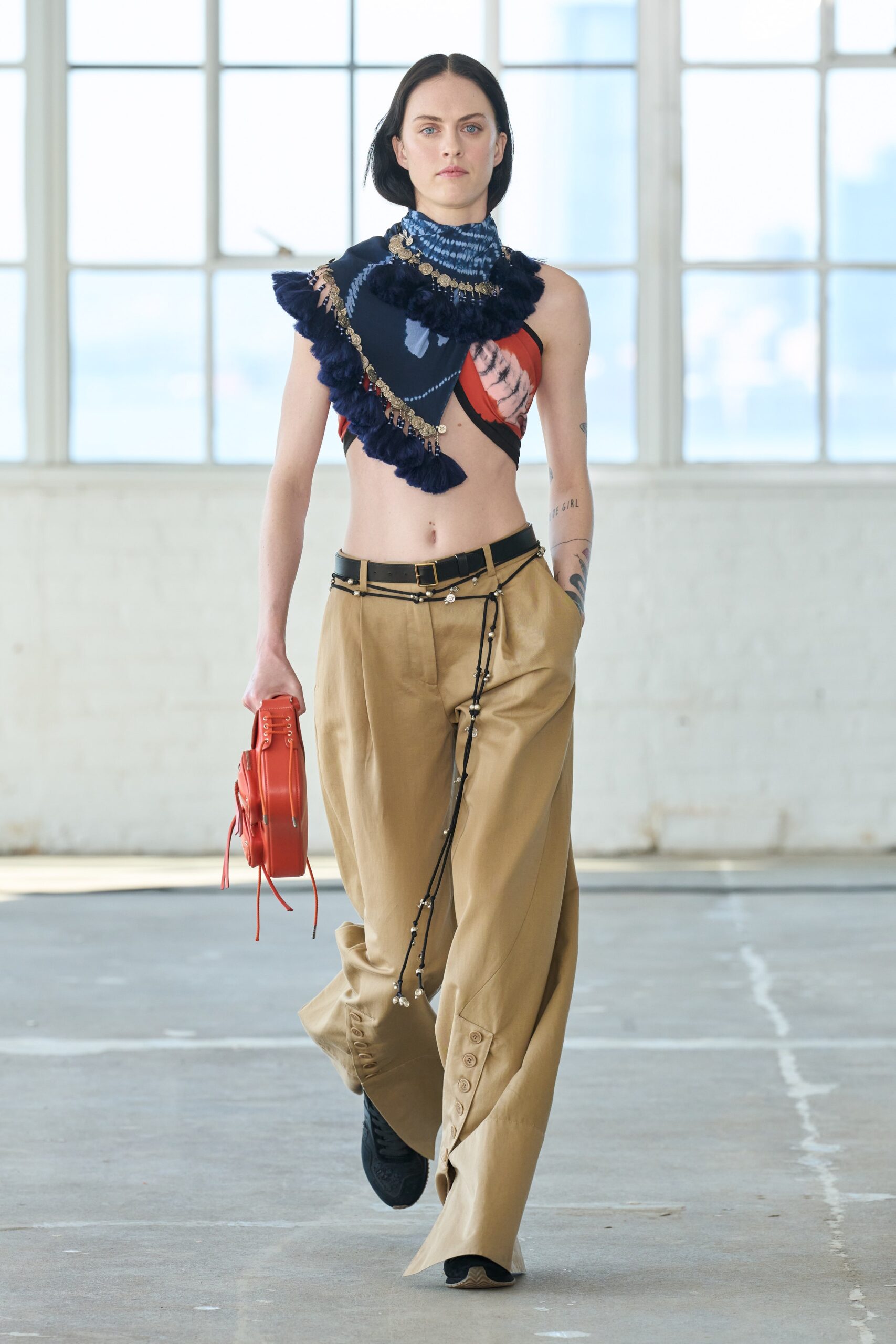 fitted ruffled top with relaxed pants