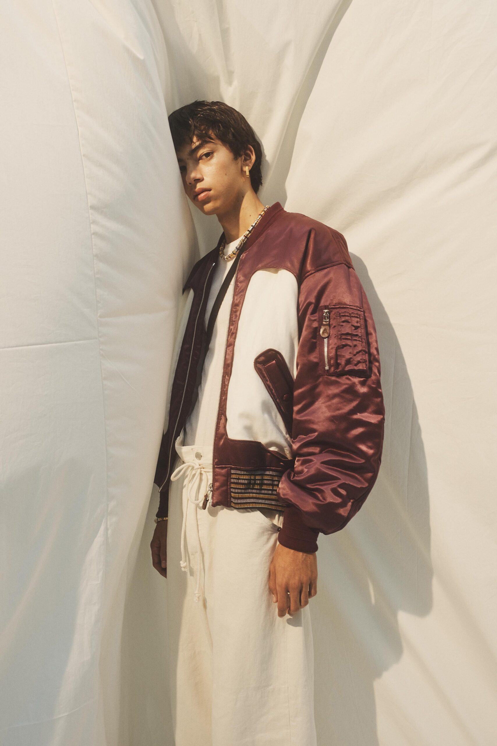 maroon satin long-sleeve collared fitted zippered jacket