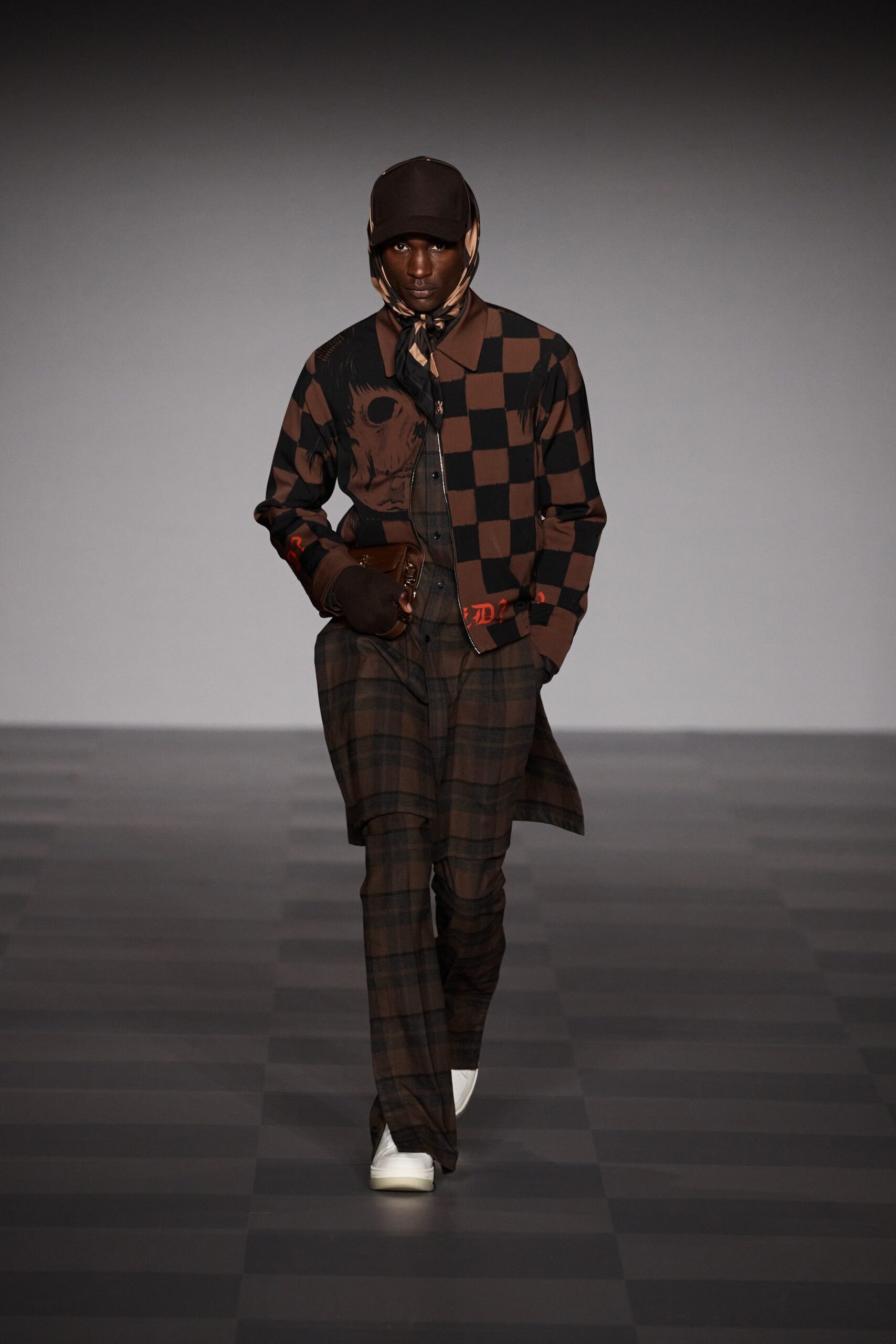 brown checked shirt and tailored pants