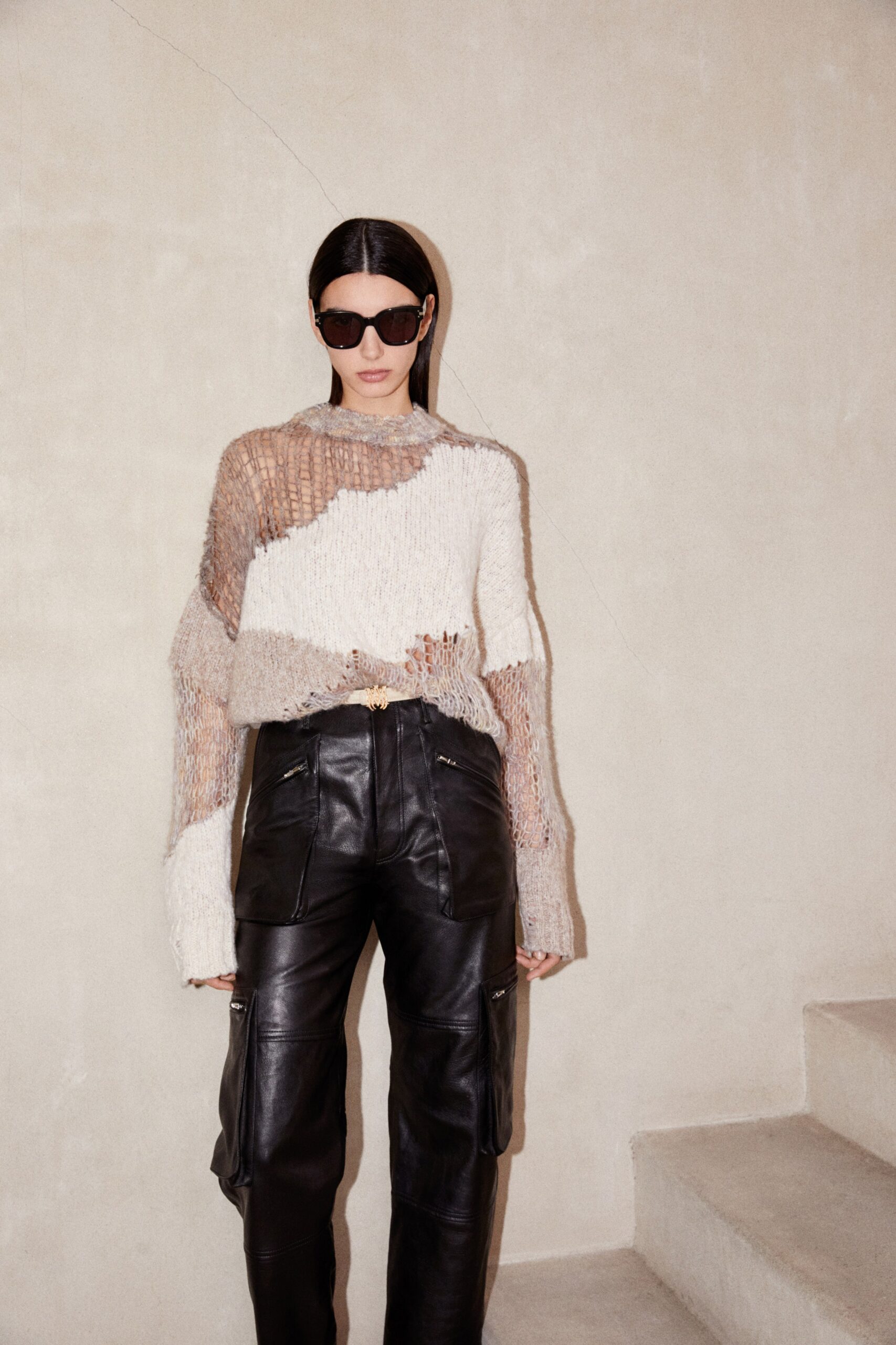 beige wool long-sleeve relaxed layered distressed sweater