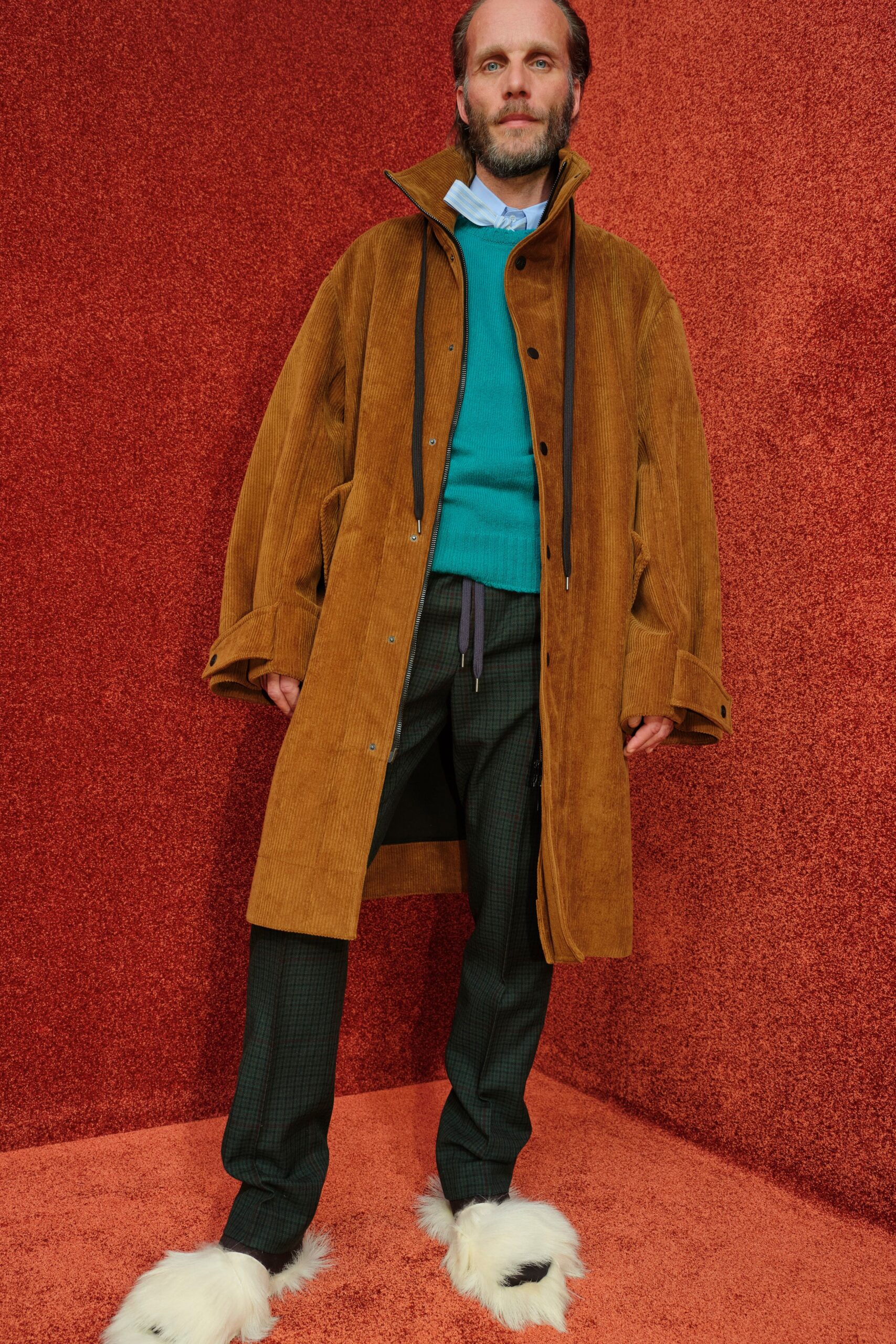 brown corduroy coat with teal sweater