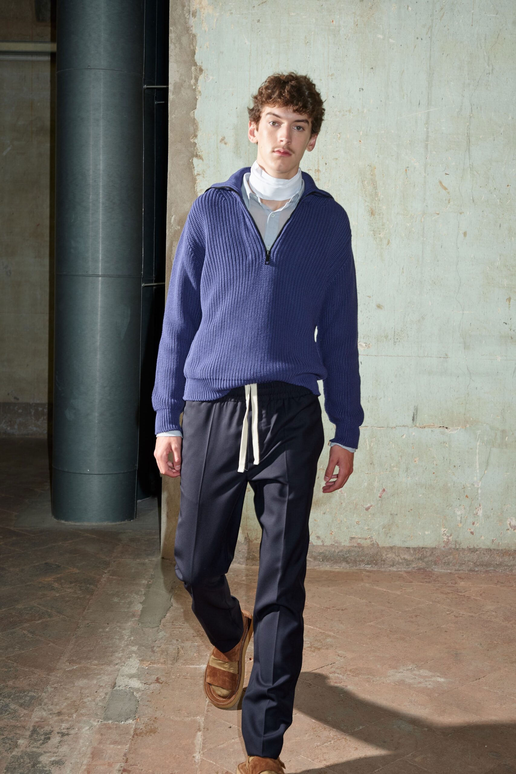 blue relaxed hoodie with black pants