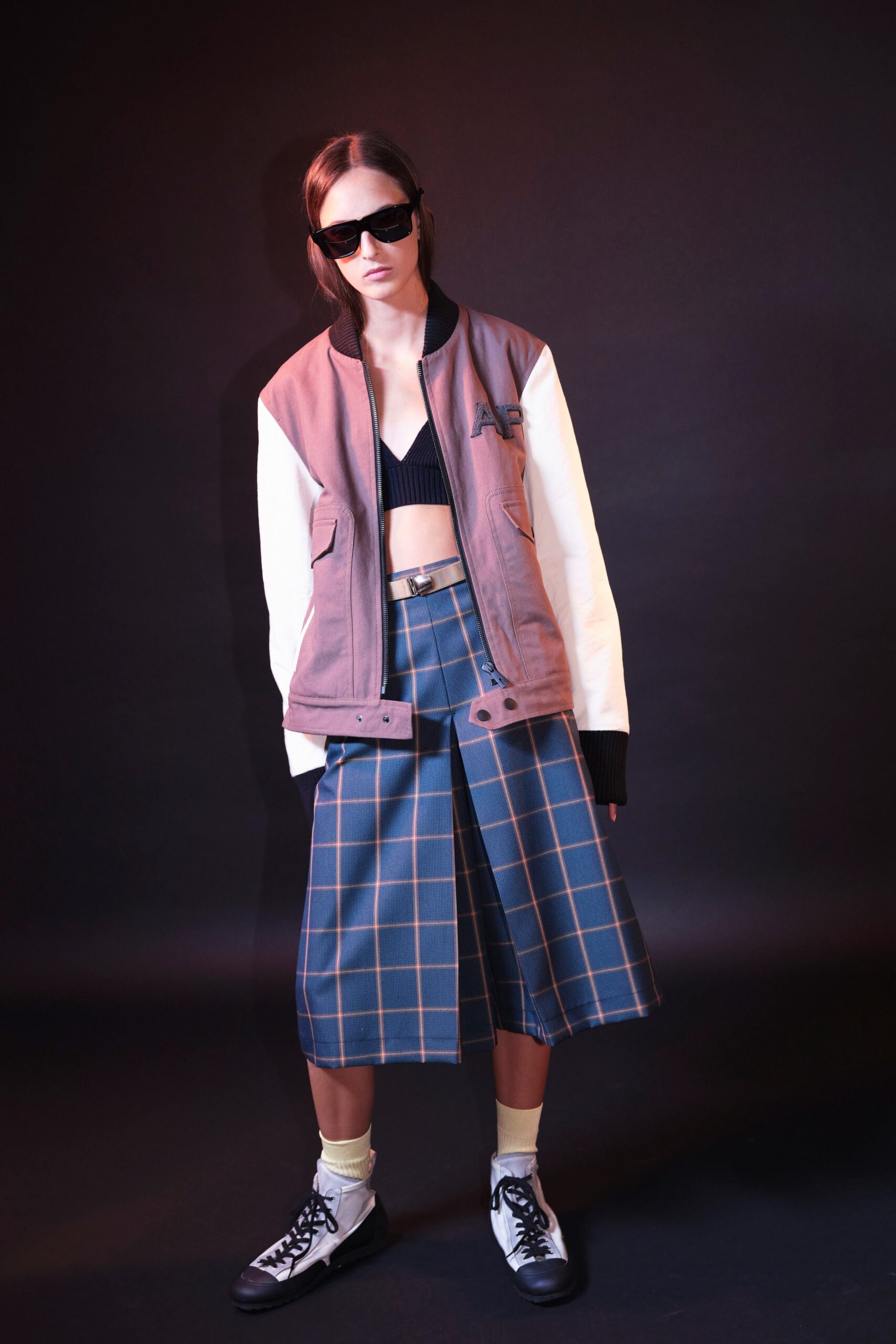 brown and white relaxed jacket with black top