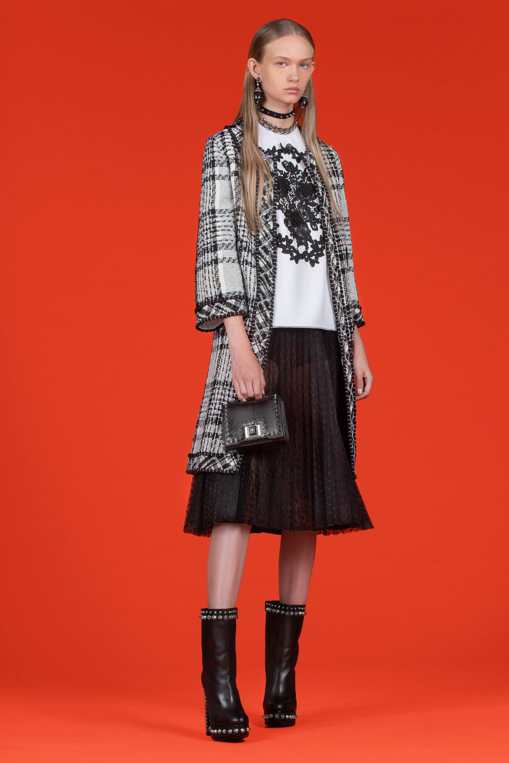 black cotton long-sleeve collared relaxed checked coat