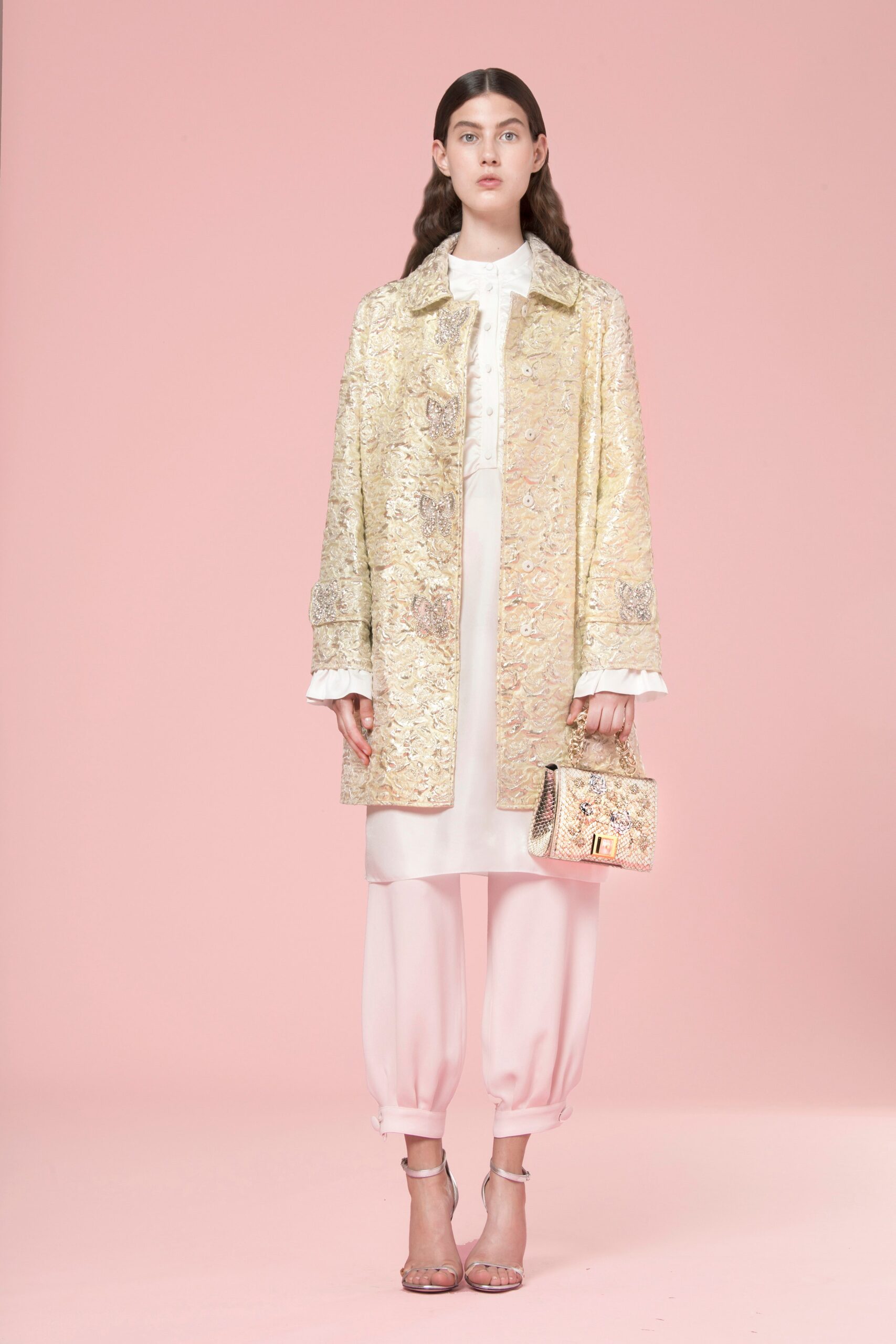 gold silk long-sleeve collared relaxed embroidered coat