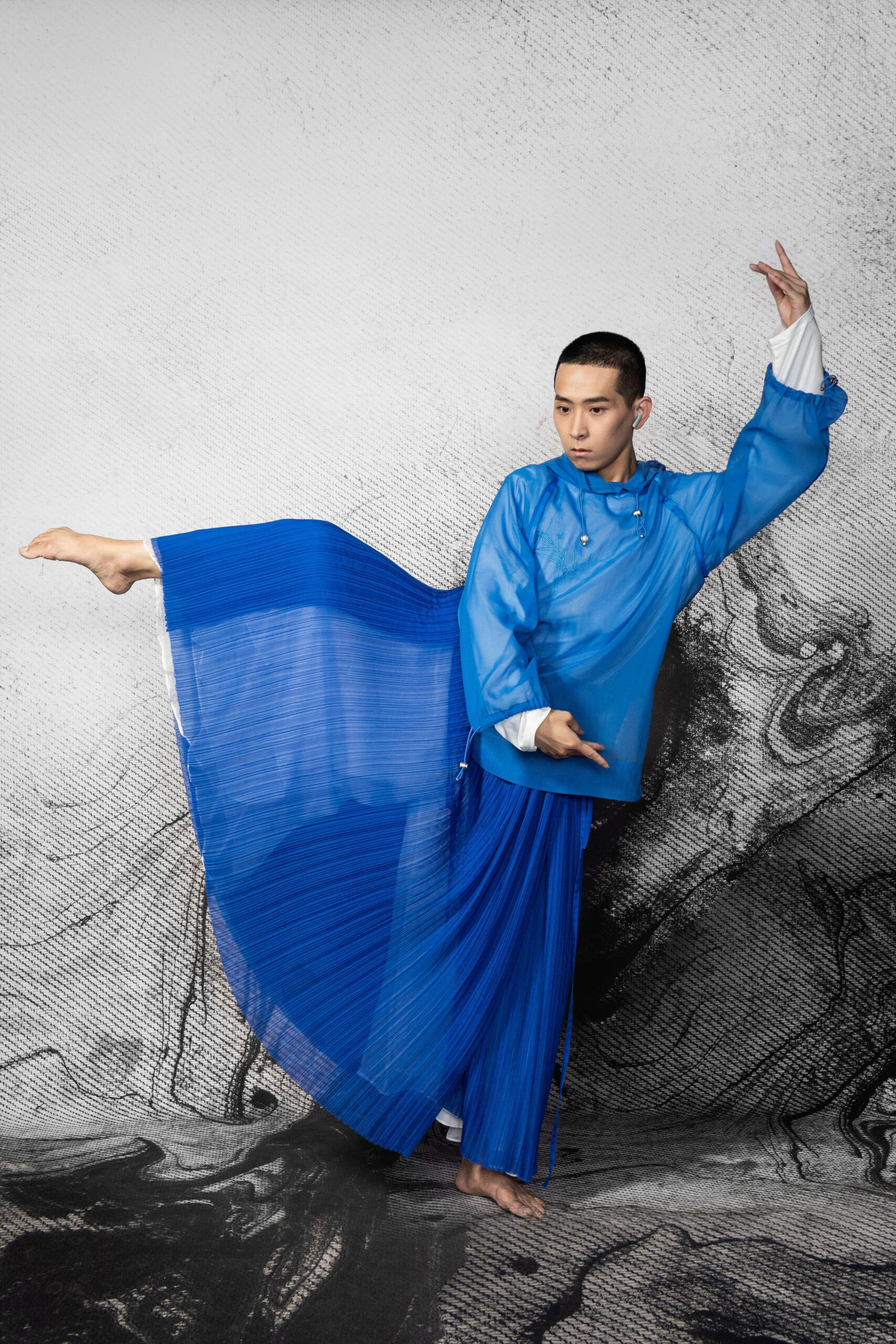 blue pleated top and skirt