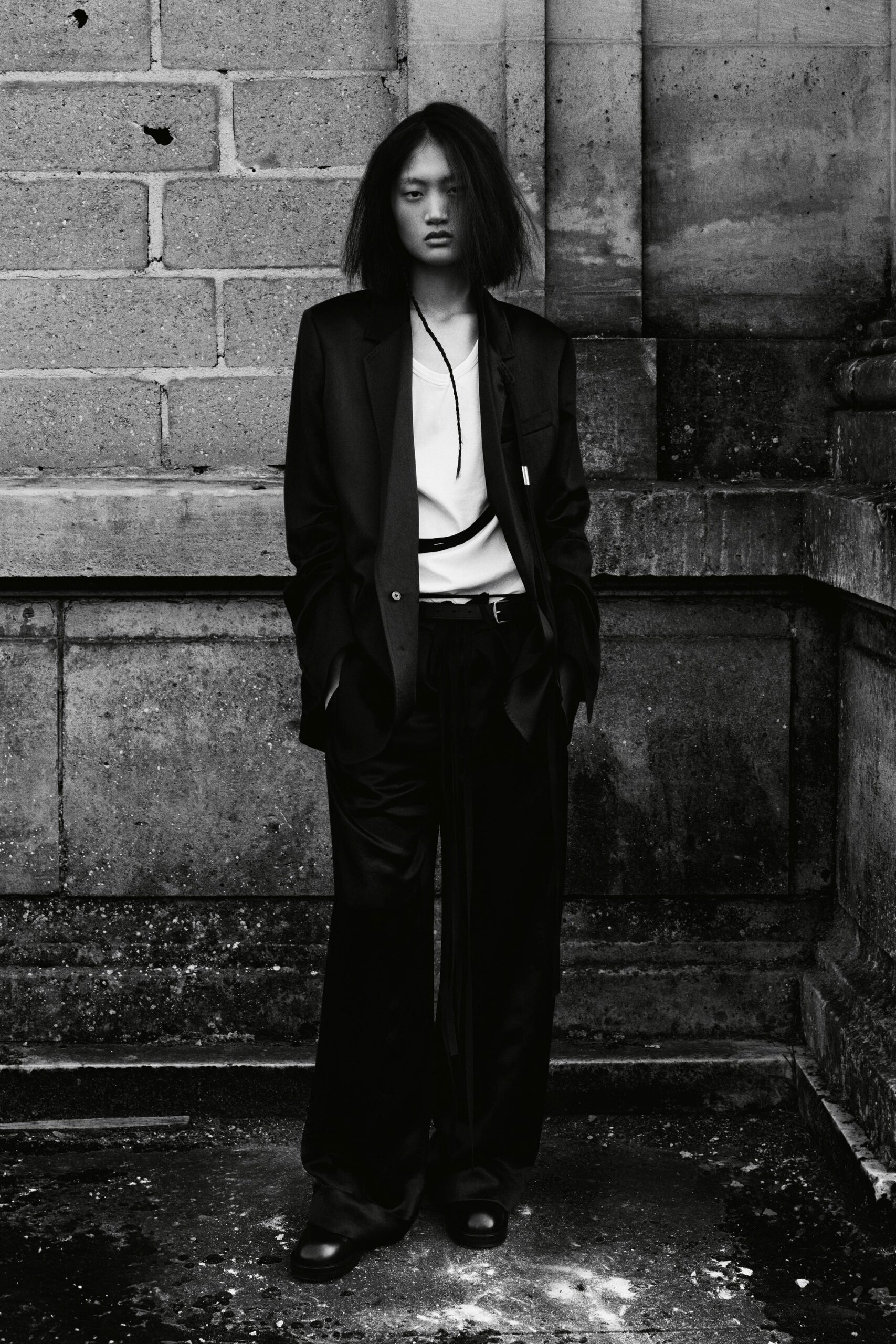 black tailored suit with white shirt
