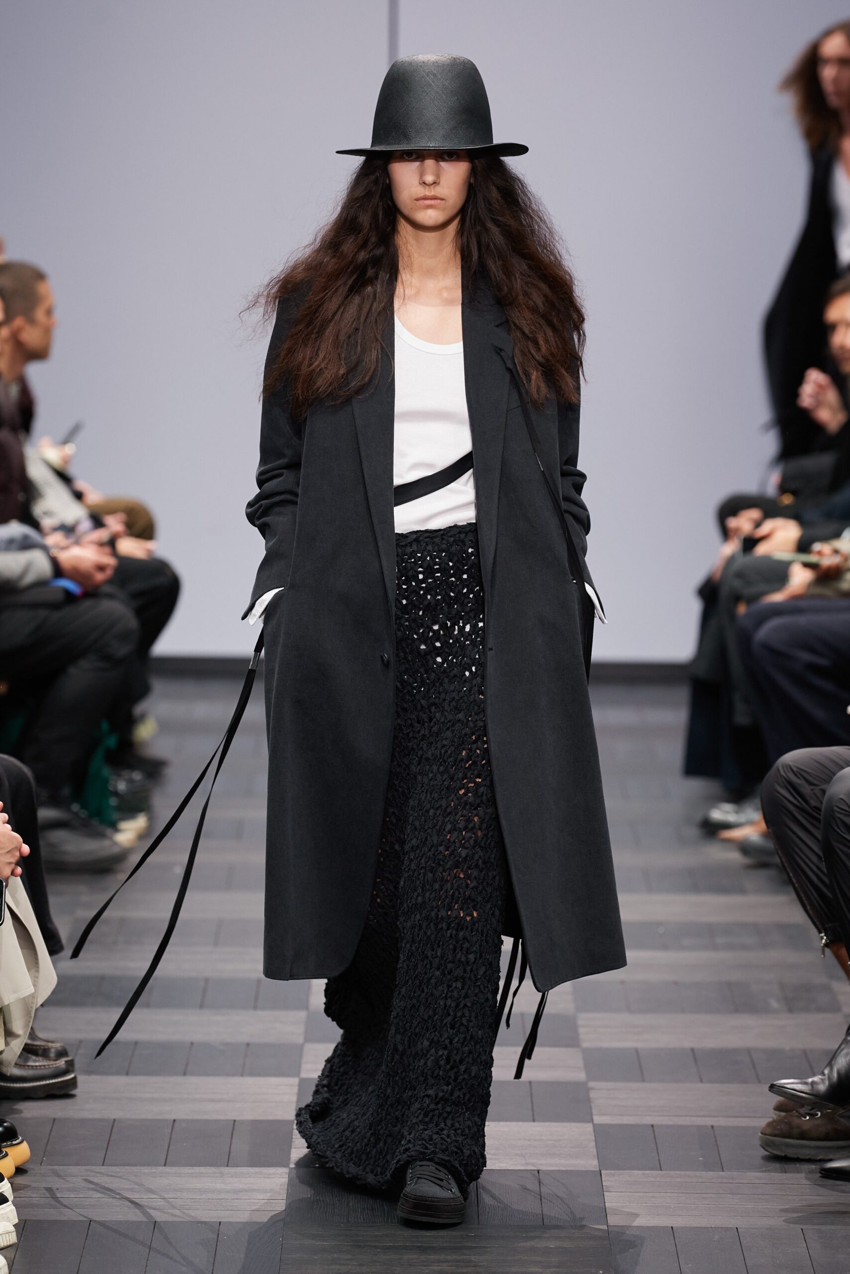 black wool long-sleeve collared relaxed draped coat