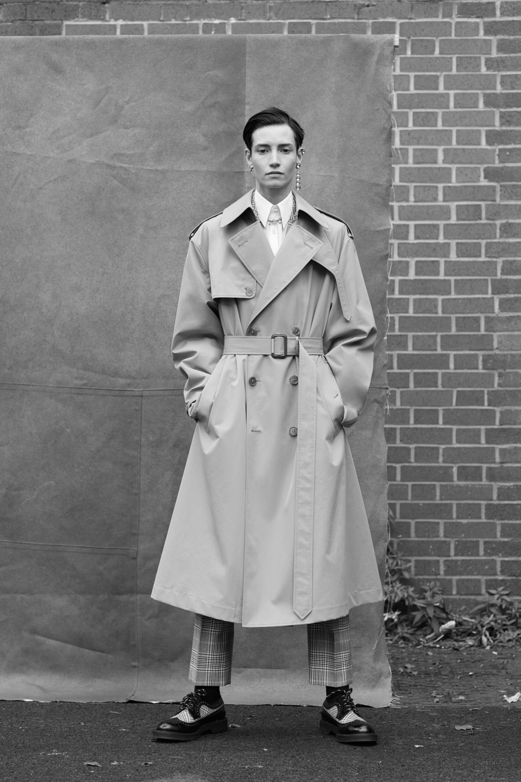 beige trench coat with white shirt