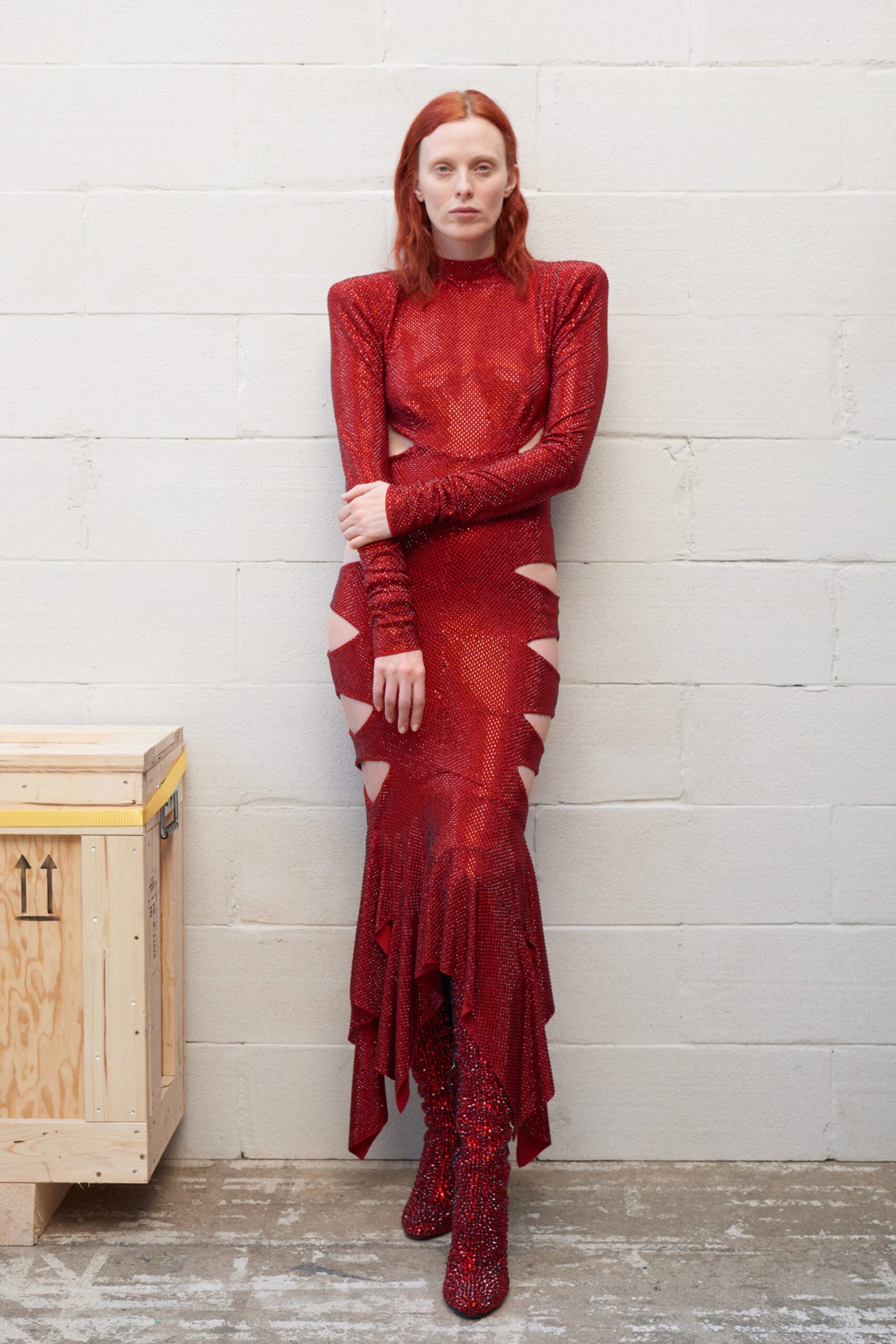 red sequin gown with matching boots