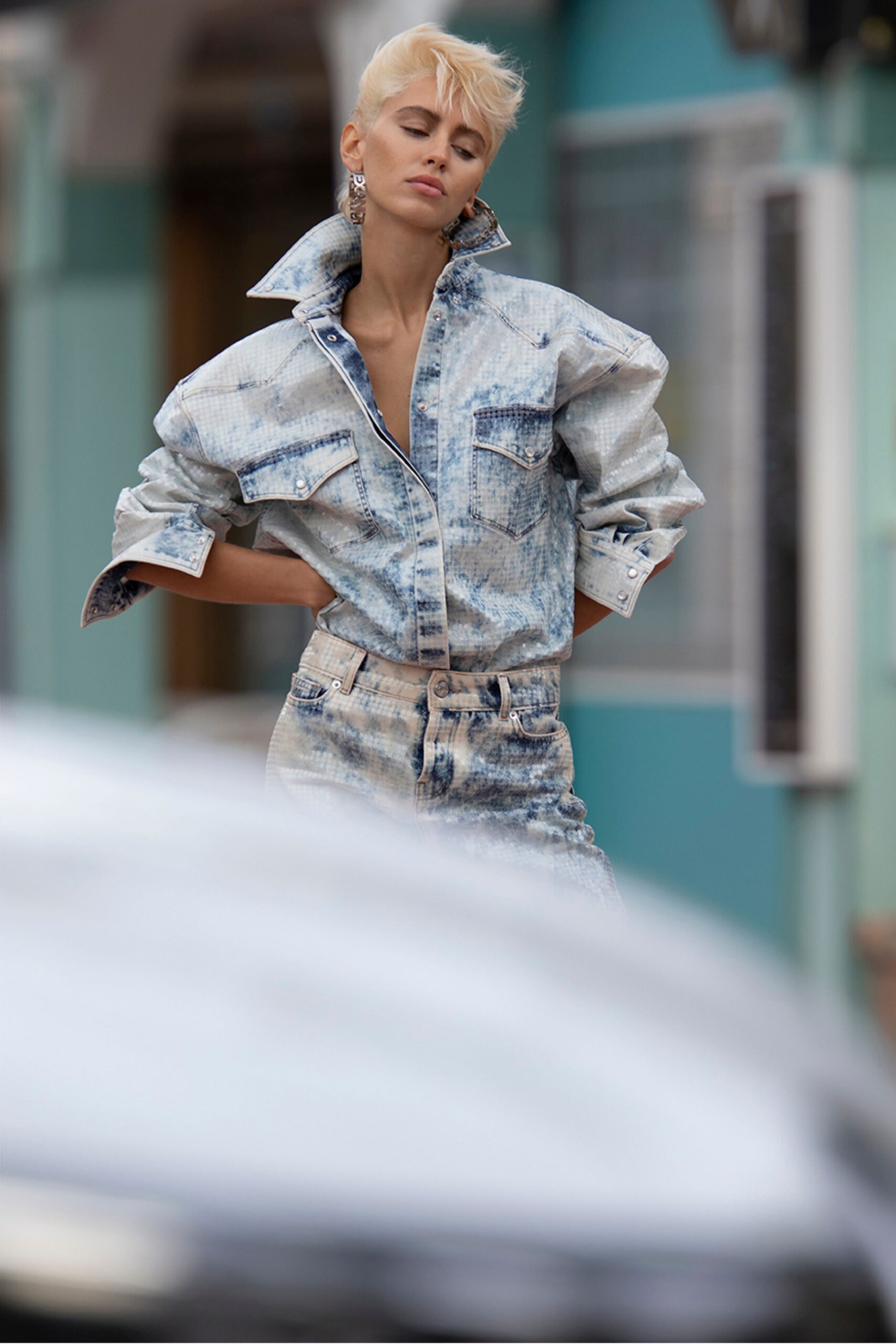 oversized denim jacket with fitted pants