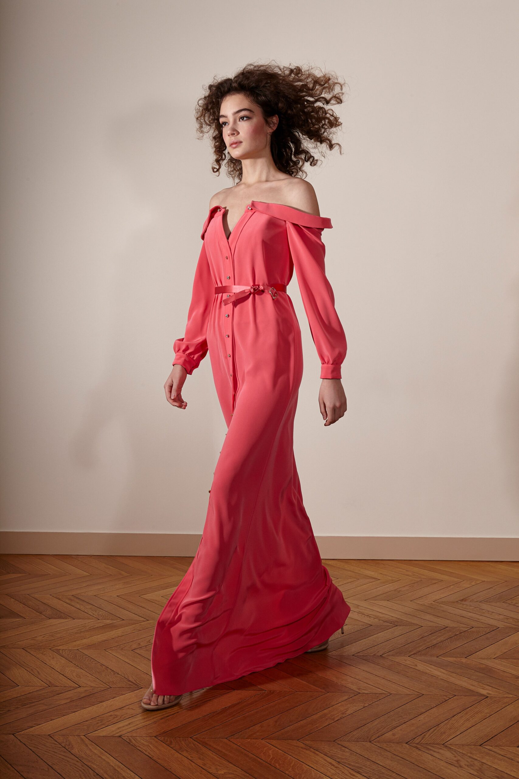pink silk off-shoulder dress