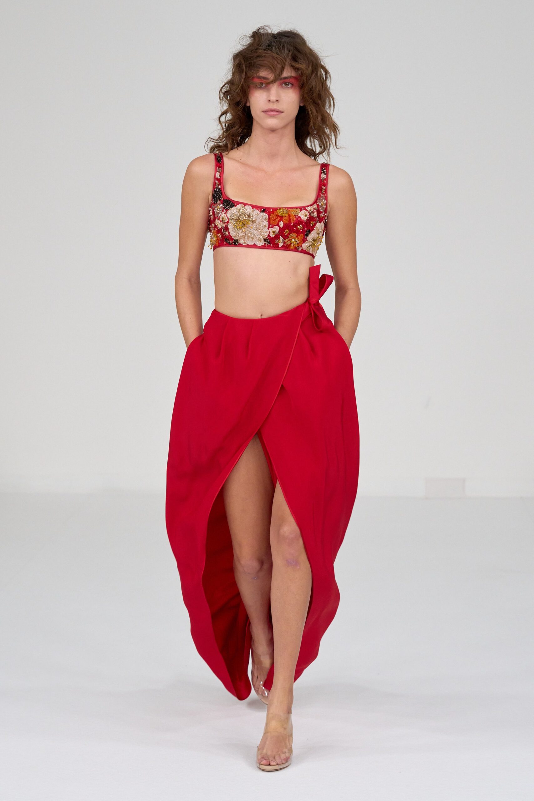red silk sleeveless square-neck fitted embroidered crop-top