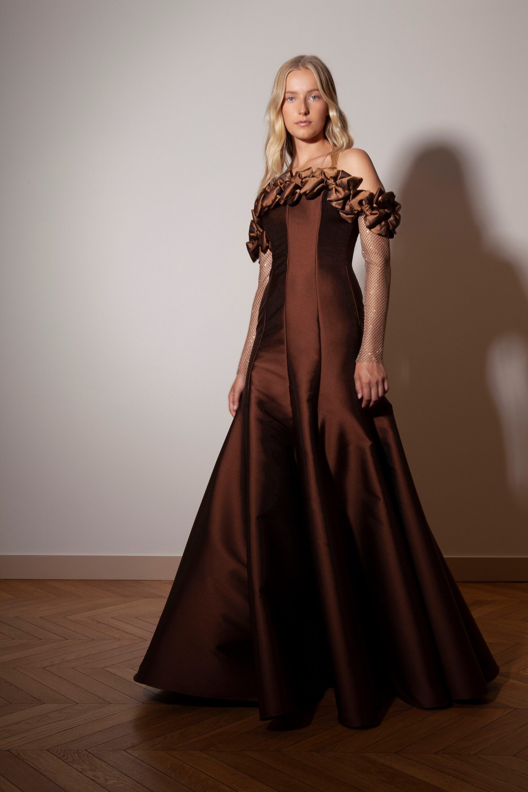 brown silk off-shoulder gown