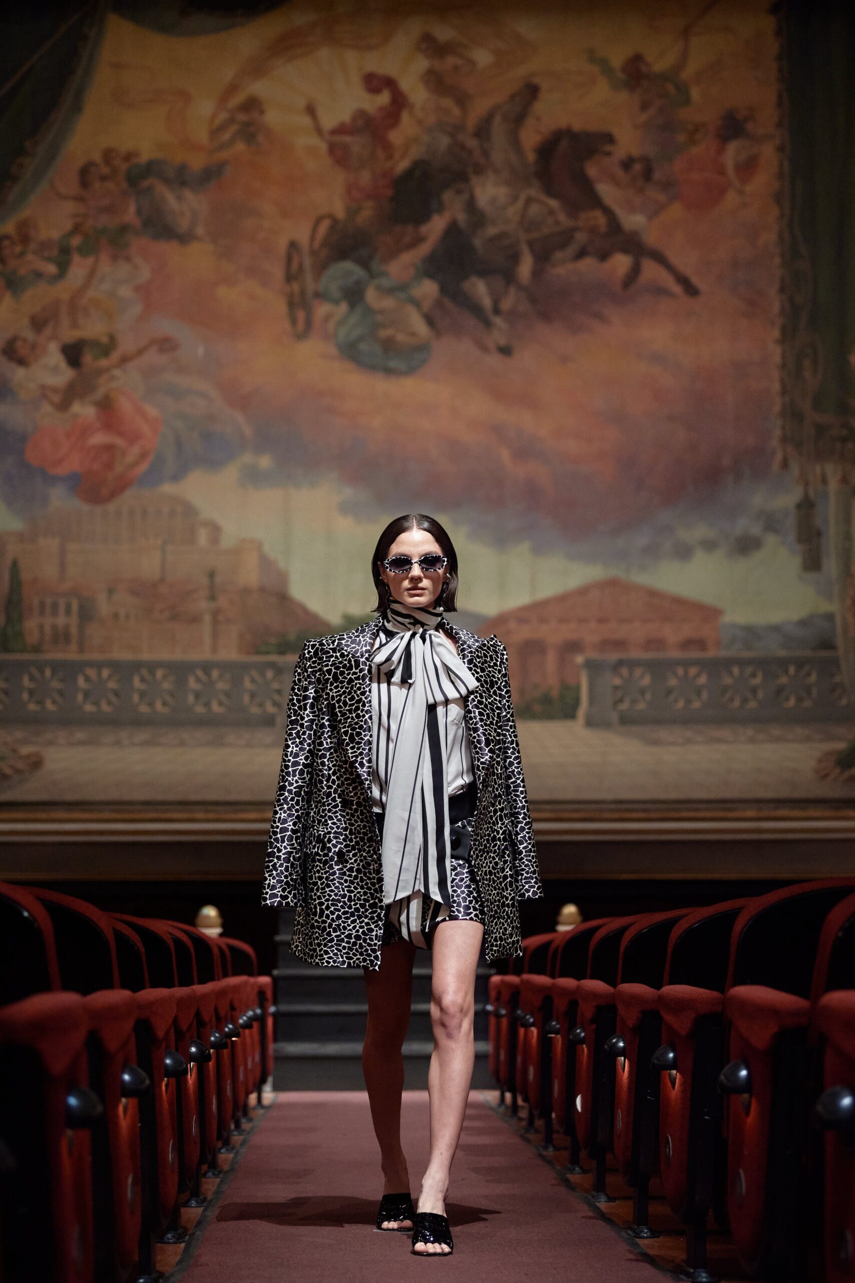 black silk long-sleeve collared fitted animal-print coat