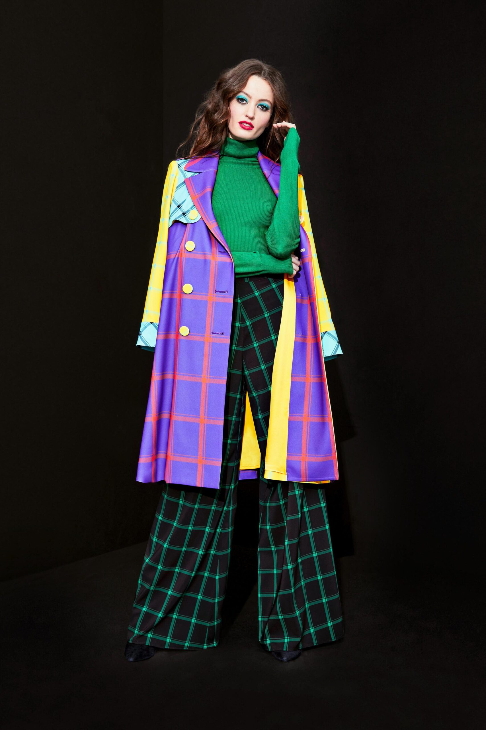 colorful coat with wide-leg pants