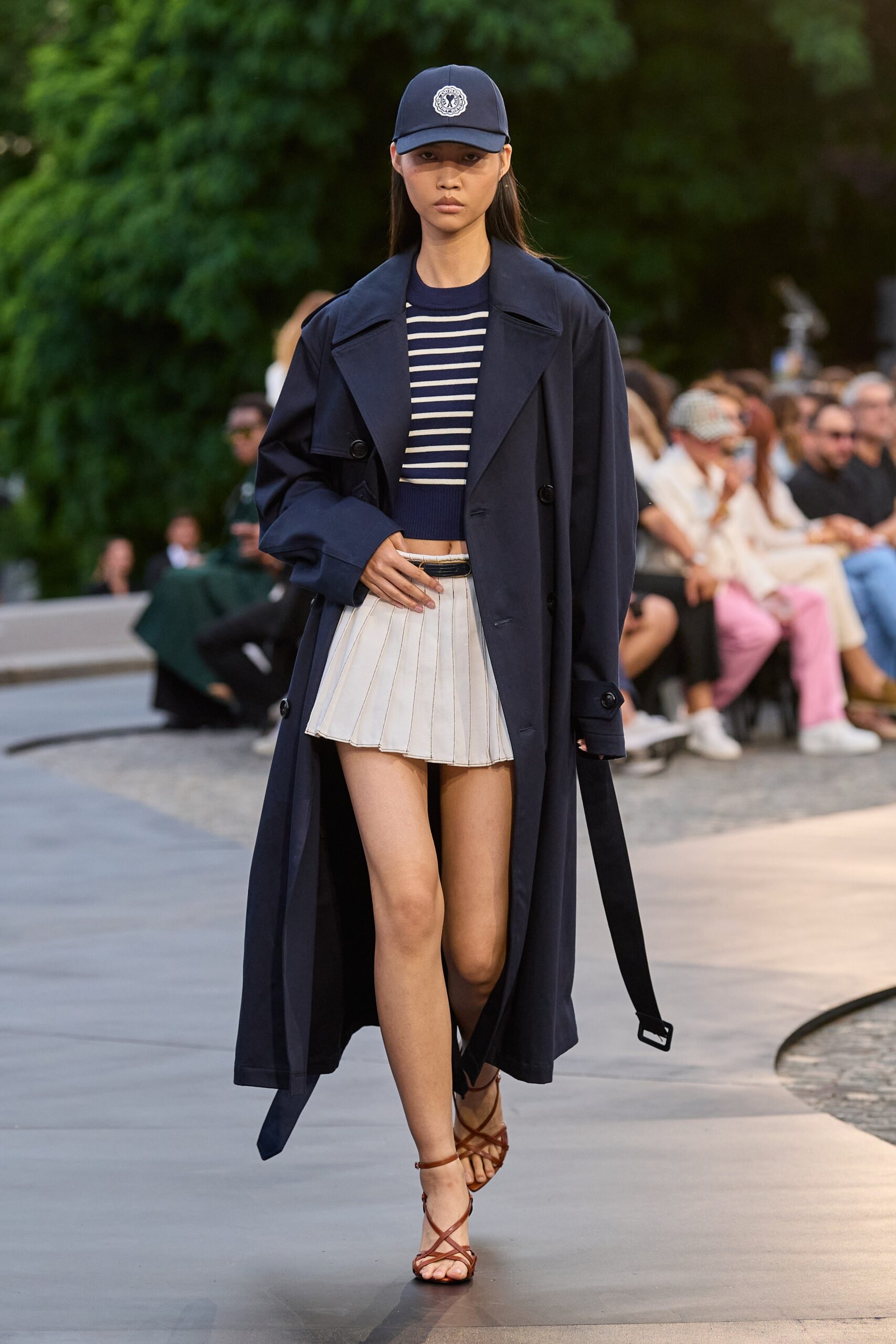 navy trench coat with striped top