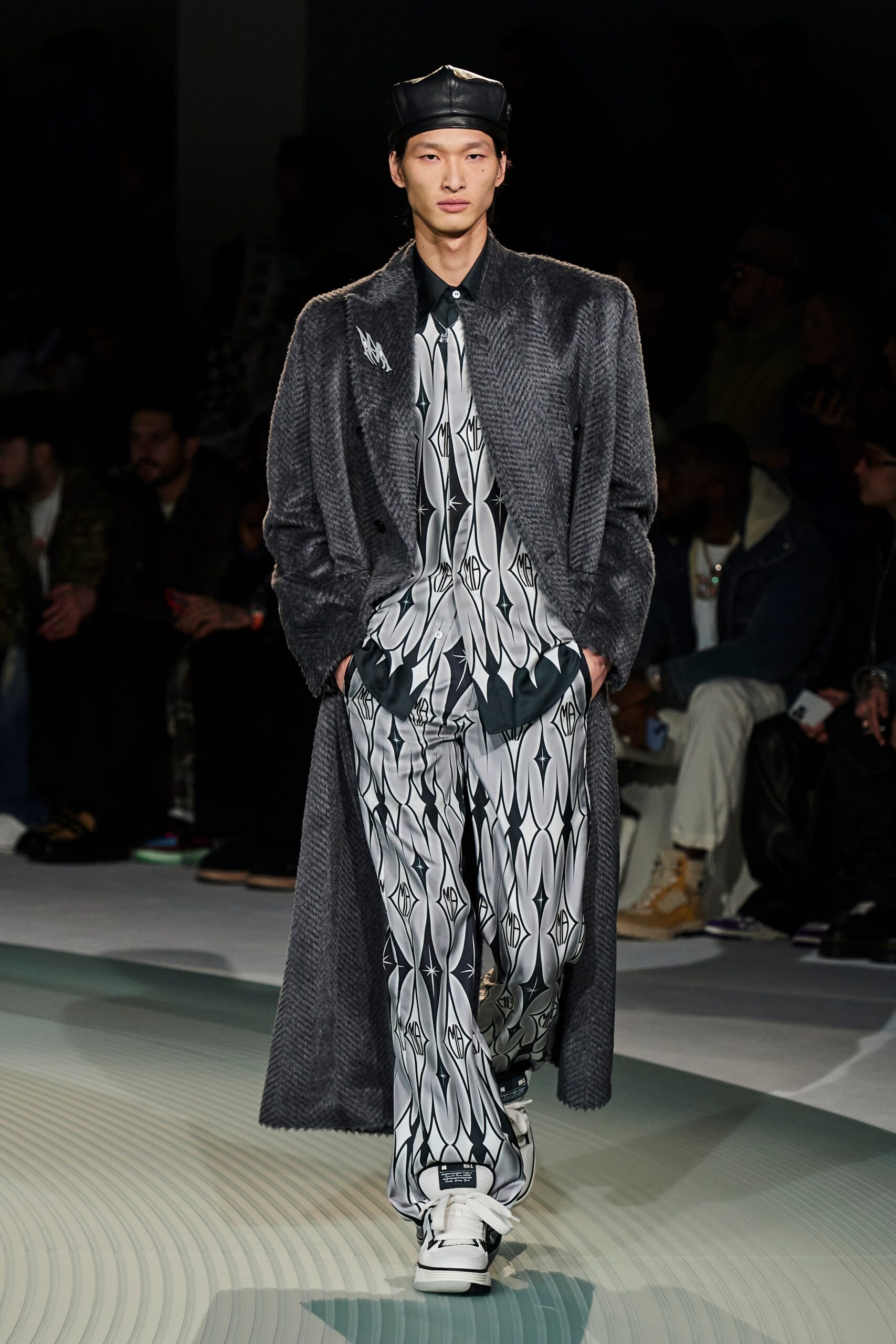gray fur coat with printed shirt