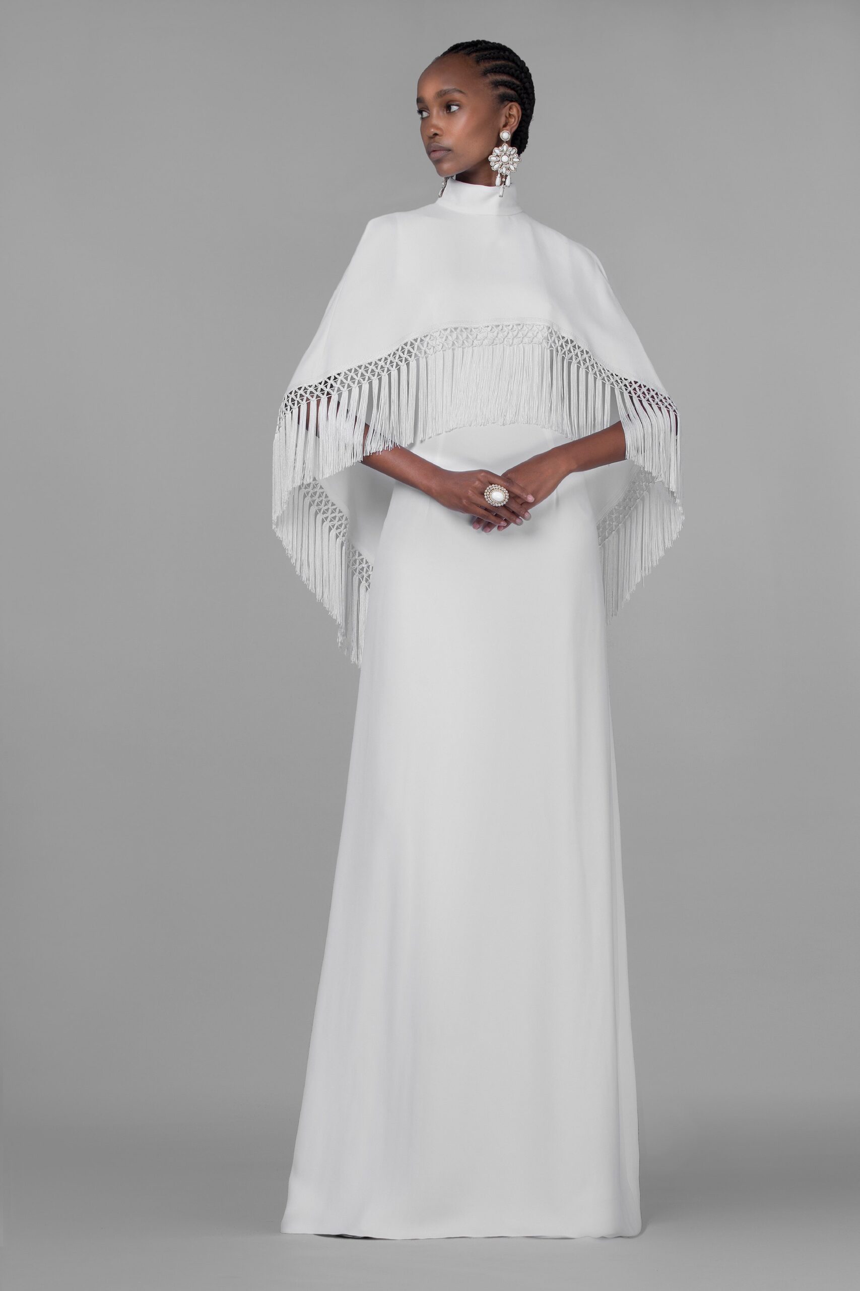 white silk fringed gown