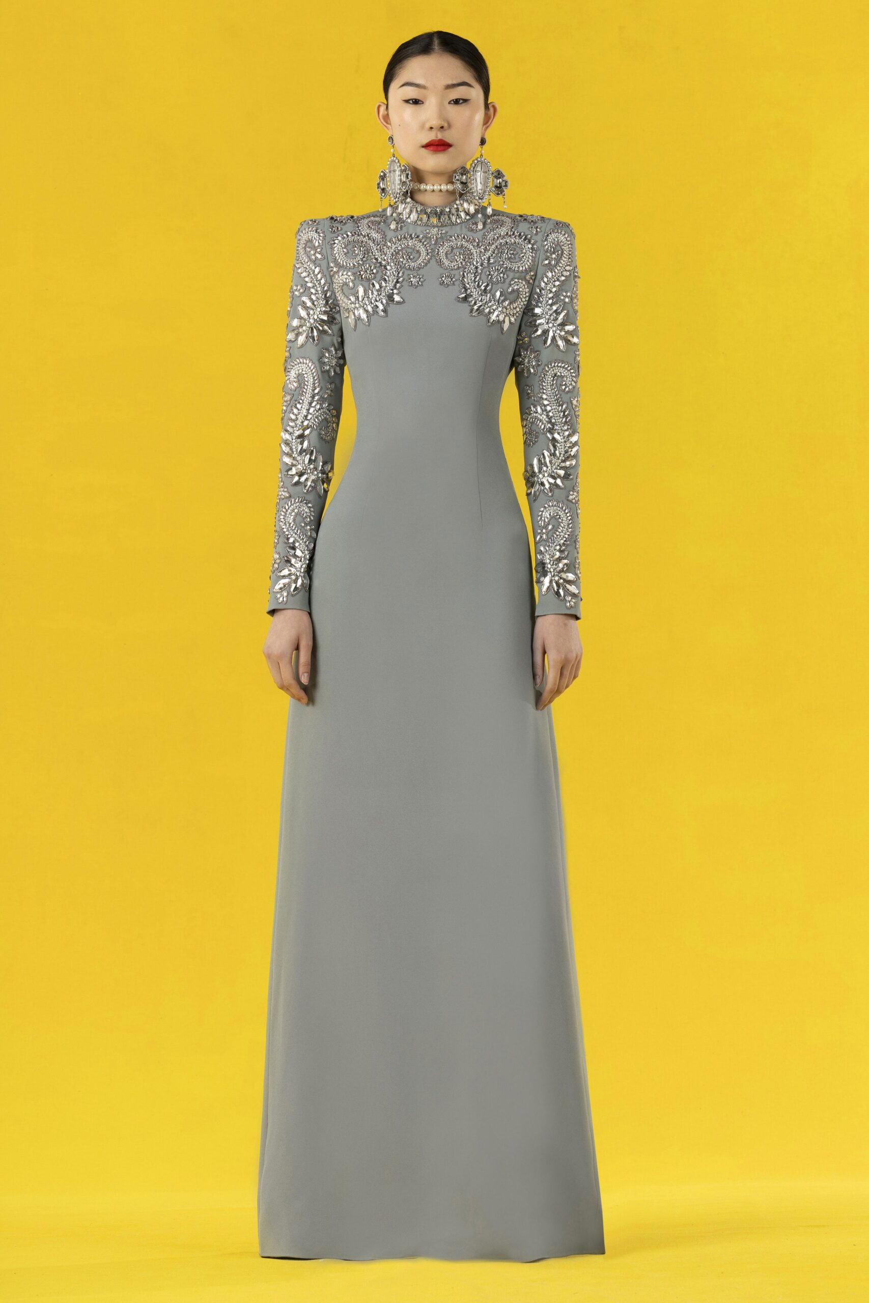 gray silk embroidered gown